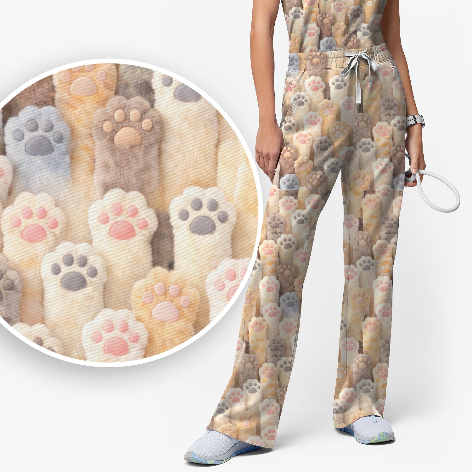 Cute Fluffy Cat Paw Pattern Scrub Set, Scrub Pants and V Neck Top