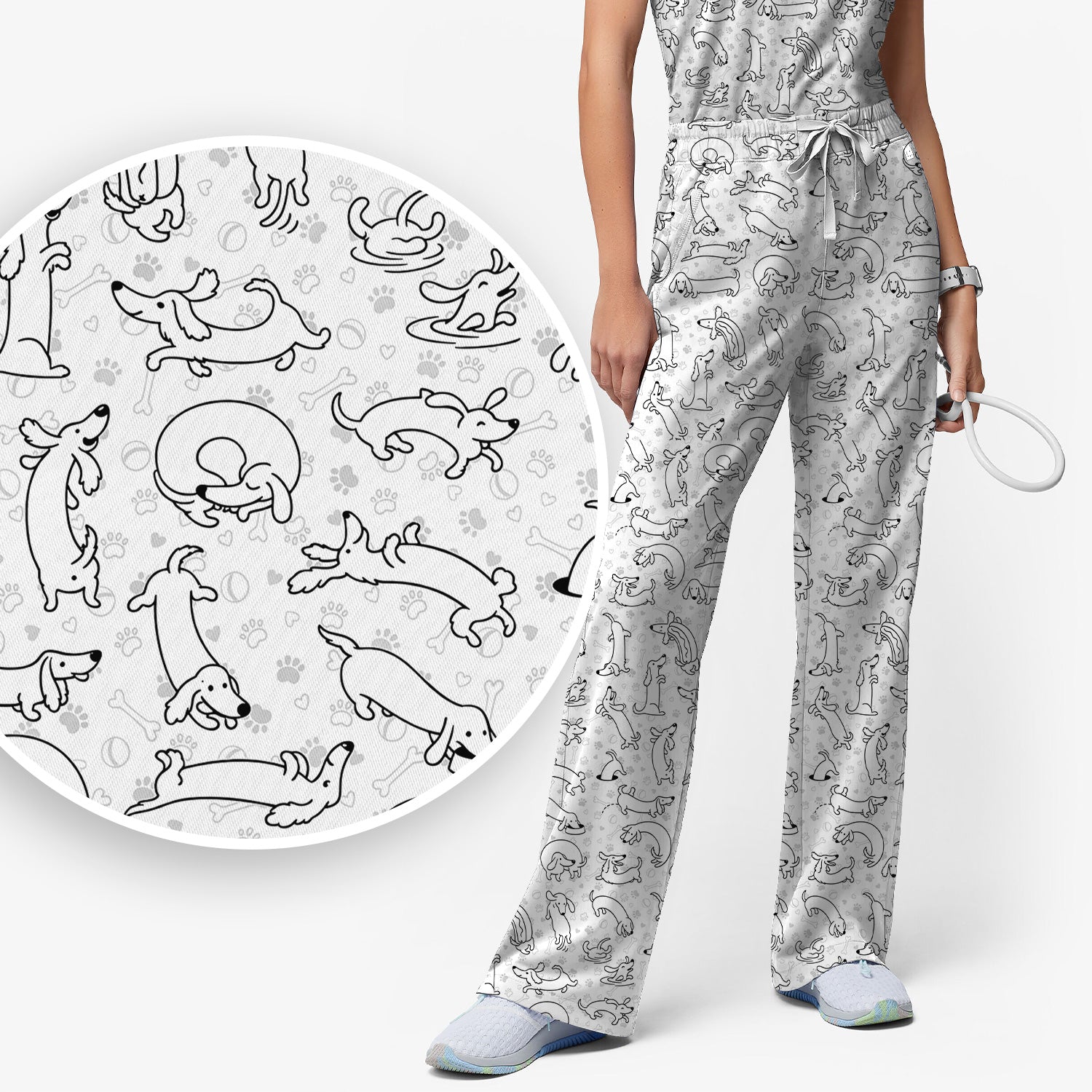 Playful Dachshund Dog Line Art Print Scrub Set, Scrub Pants and V Neck Top