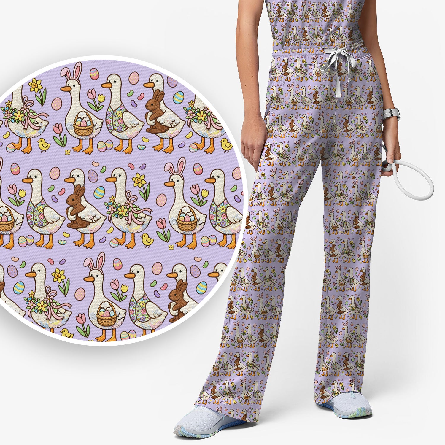 Easter Theme Duck and Bunny Egg Floral Print Scrub Set, Breathable Med Uniform