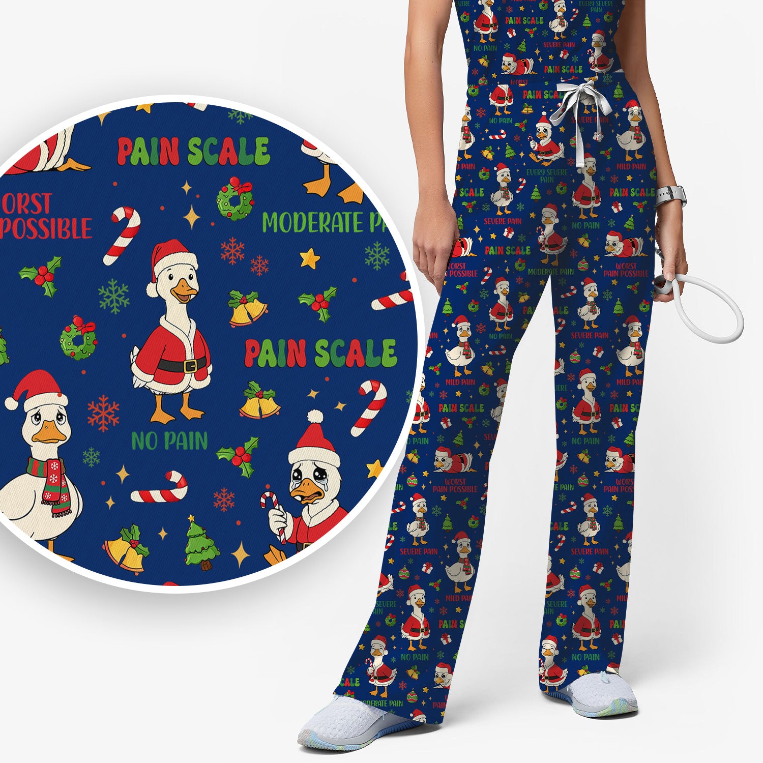 Funny Goose Christmas Scrub Set - Pain Scale Scrubs Pants and V Neck Top - Cute Holiday Medical Uniform for Women