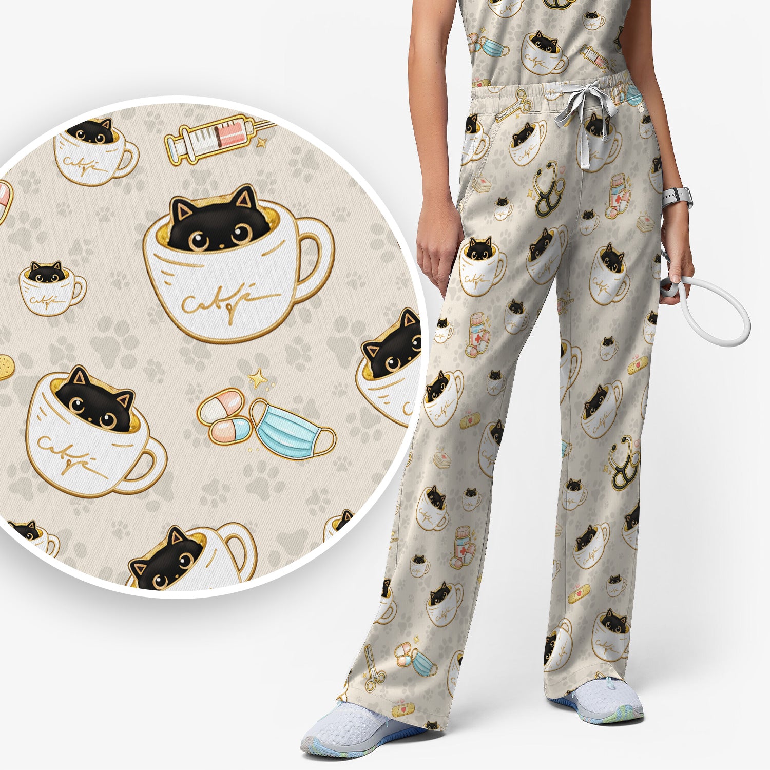 Cute Coffee Cat Medical Print Scrub Set, Scrub Pants and V Neck Top