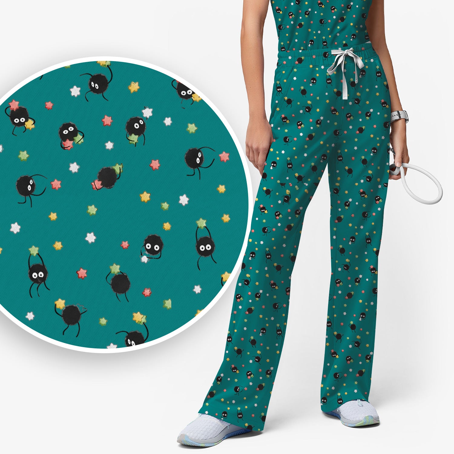 Funny Spider Pattern Pattern Pattern Scrub Set, Cartoon Spider Pattern Nursing Uniform For Women
