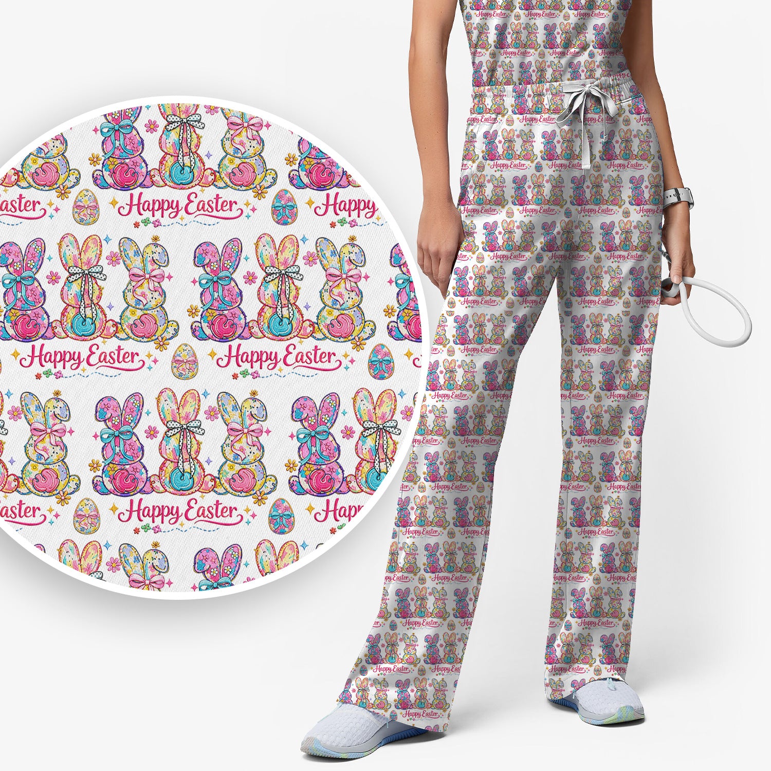 Pink Happy Easter Bunny Pattern Scrub Set, Scrub Pants and V Neck Top