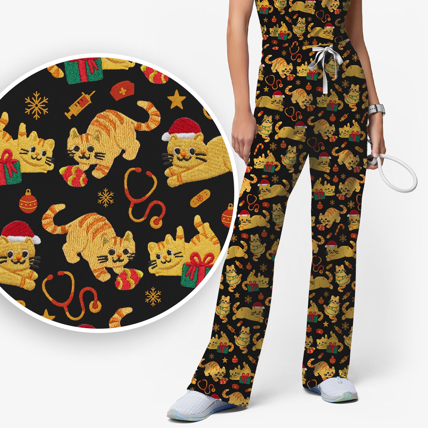 Christmas Cat Nurse Scrub Set, Cute Holiday Kitty Medical Uniform For Nursing