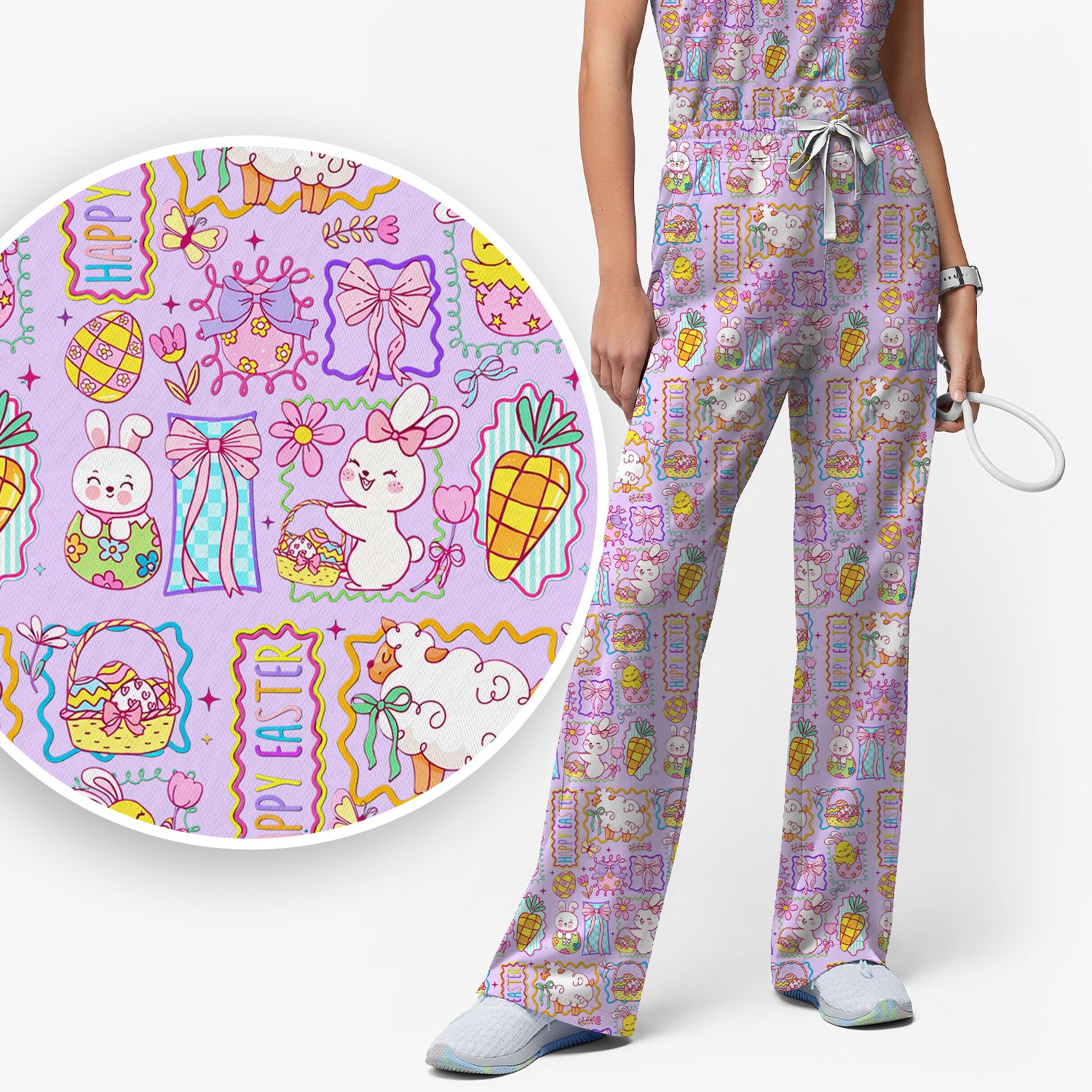 Cute Easter Bunny Egg and Bow Print Scrub Set, Scrub Pants and V Neck Top