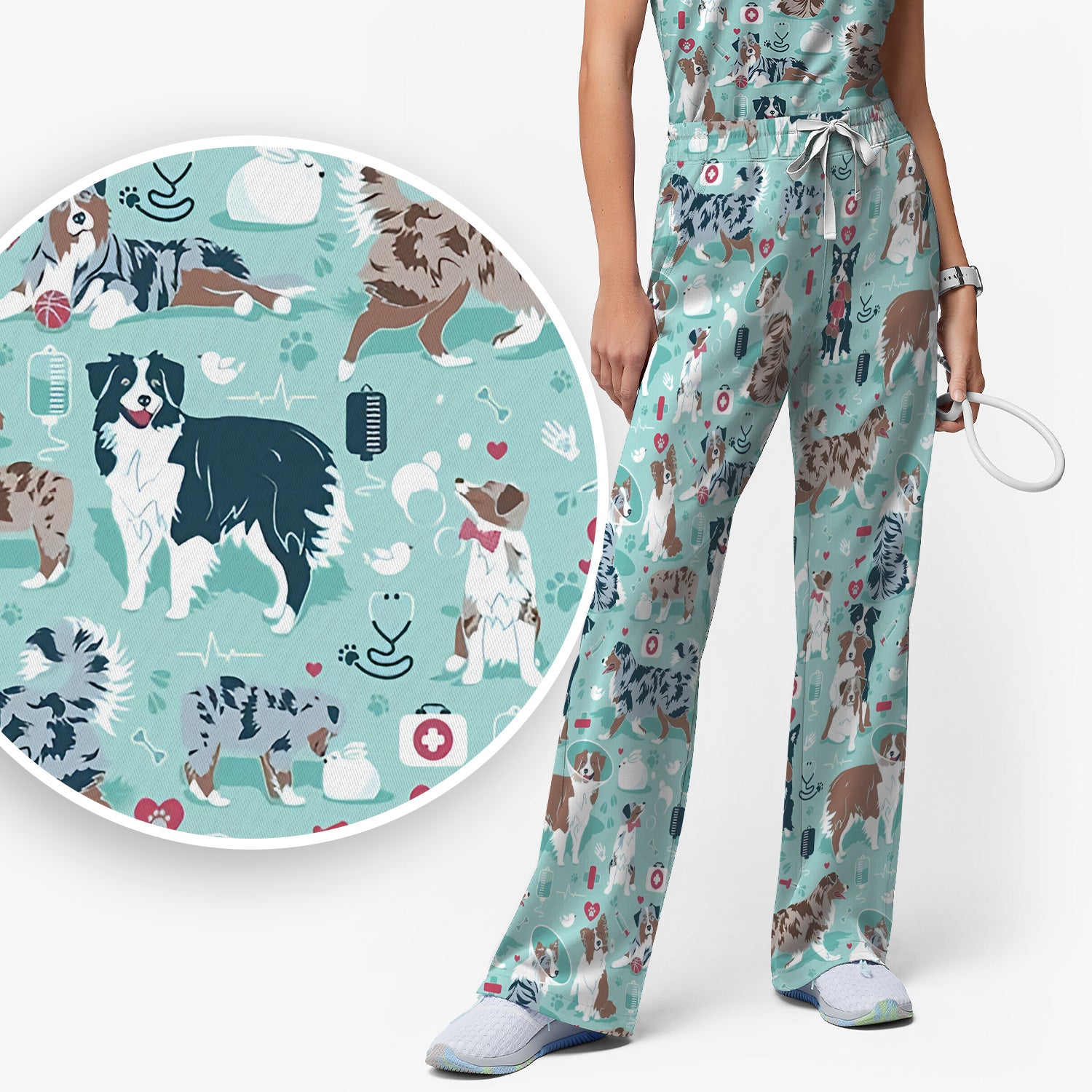 Cute Dog Pattern Women's Veterinary Scrub Set, Scrub Pants and V Neck Top