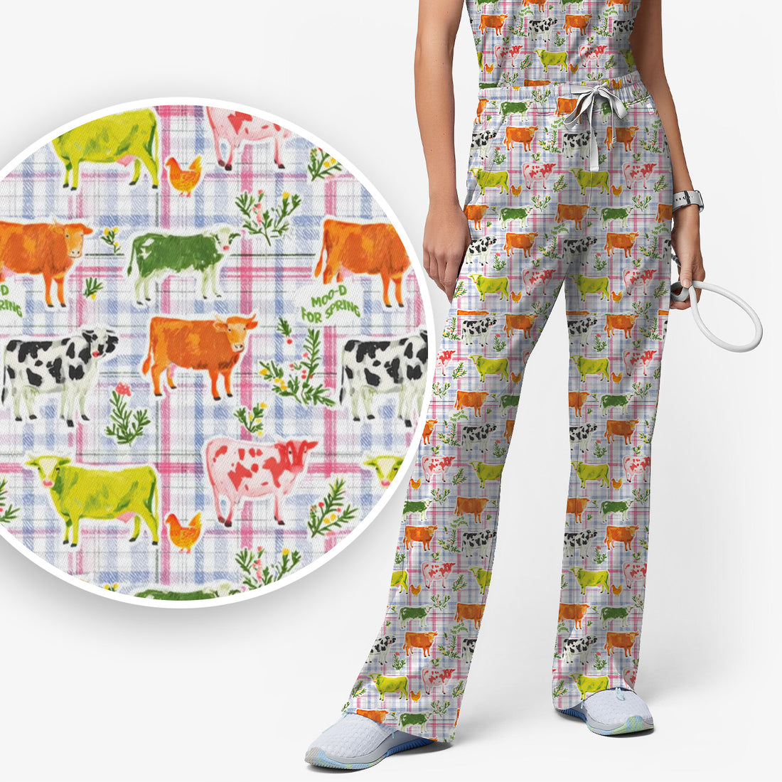 Colorful Farm Cow Plaid Print Scrub Set, V-Neck Top and Drawstring Pants