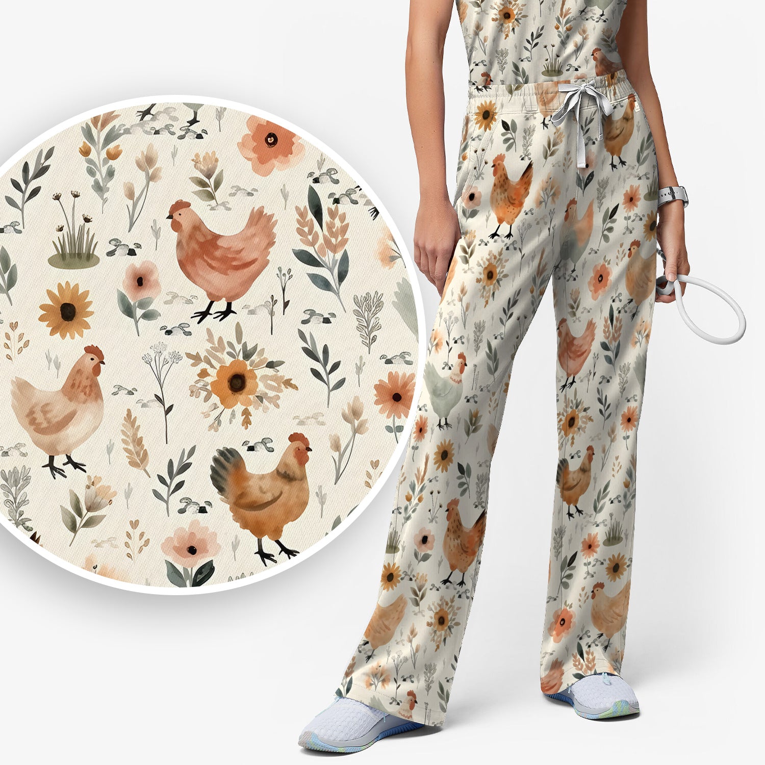 Charming Chicken Floral Farm Pattern Scrub Set, Scrub Pants and V Neck Top