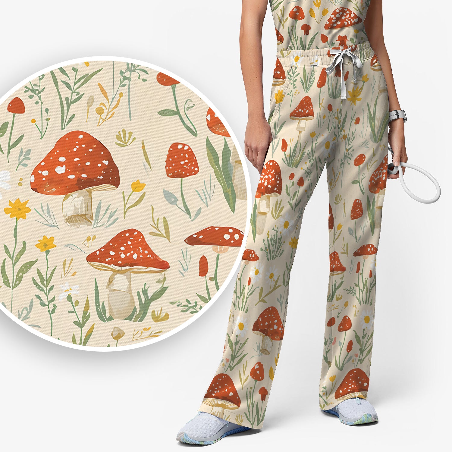 Cute Mushroom Wildflower Pattern Scrub Set, Women's Scrub Sets