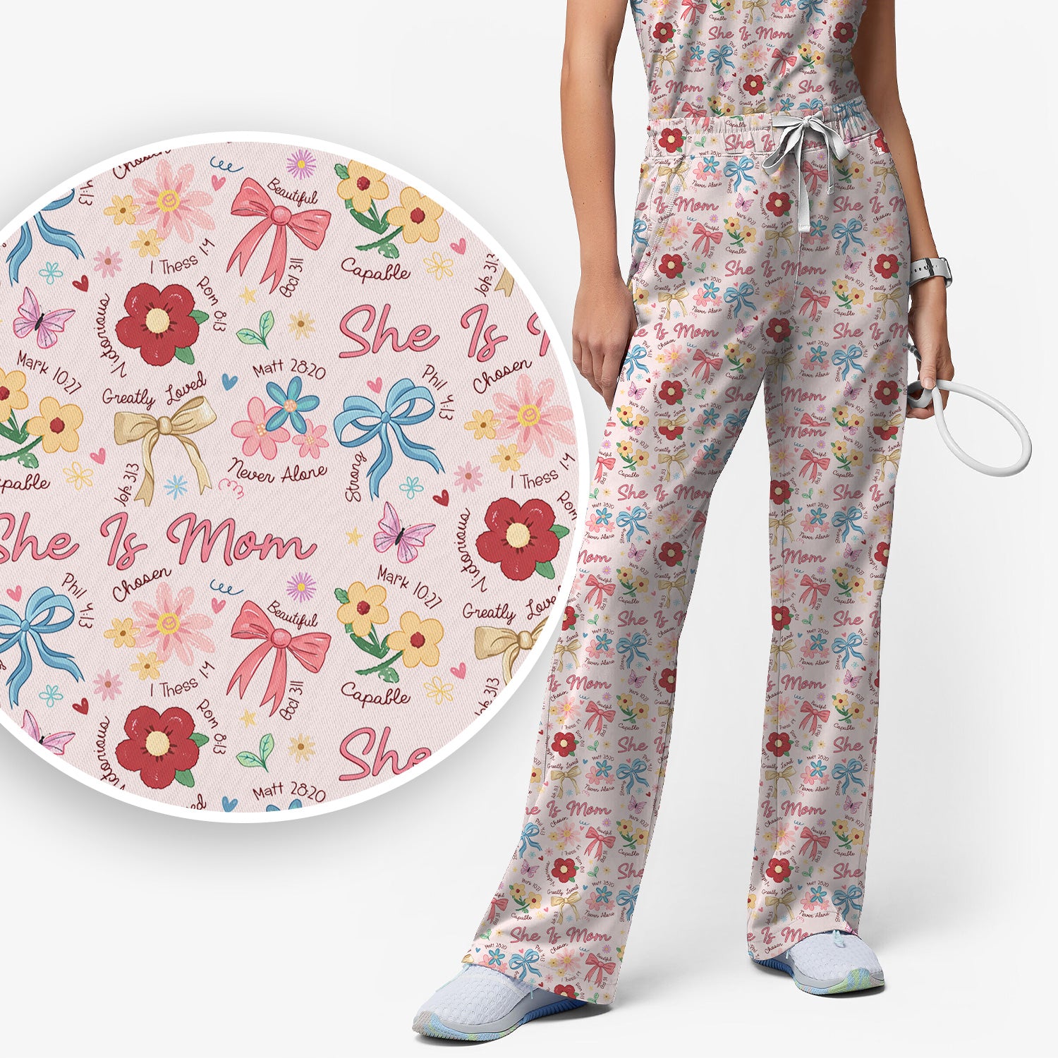She Is Mom Flower Bow Pattern Scrub Set, Scrub Pants and V Neck Top