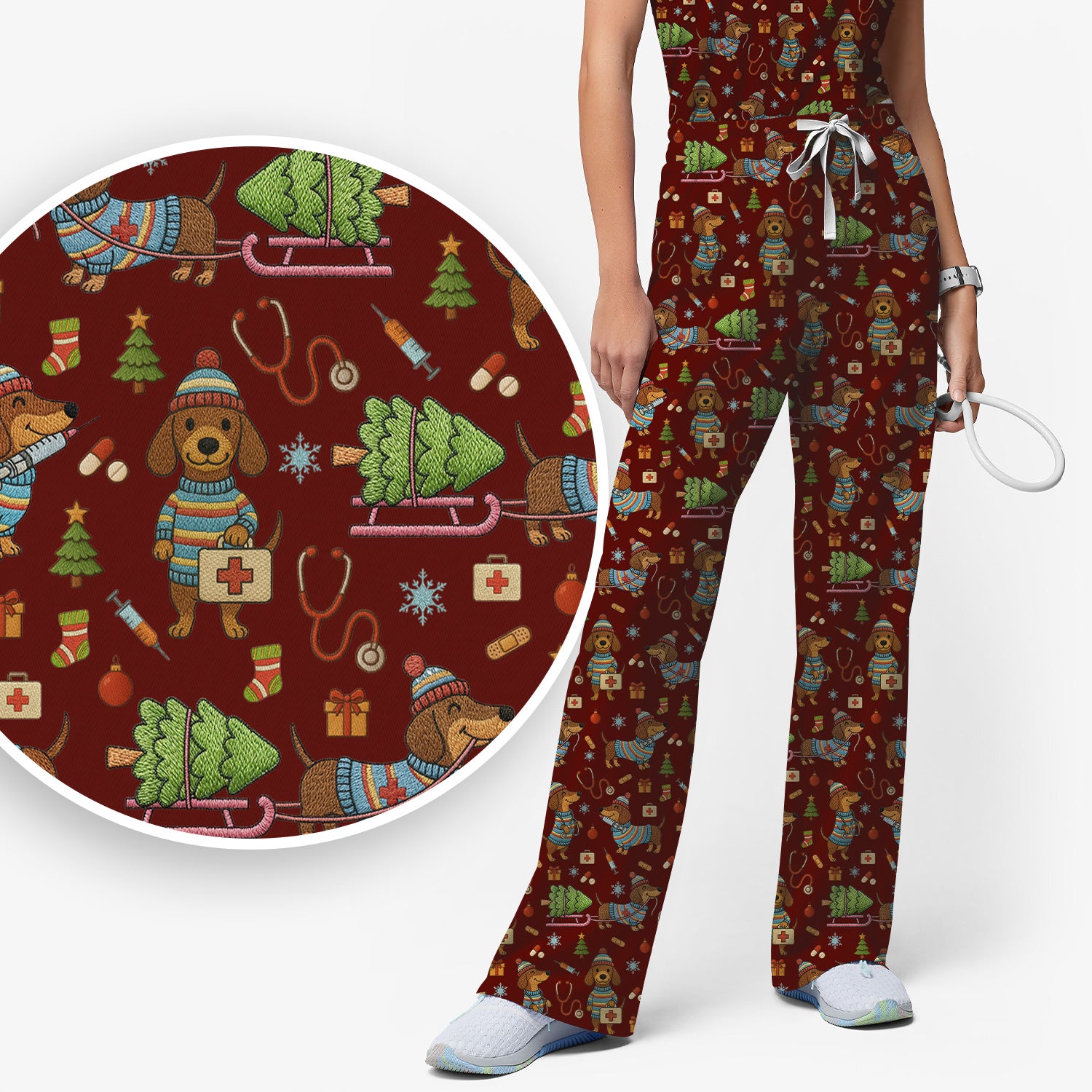 Dachshund Dog Scrub Set For Nurse, Funny Wiener Dog Lover Gift, Cute Dog 3D Knit Pattern Shirt
