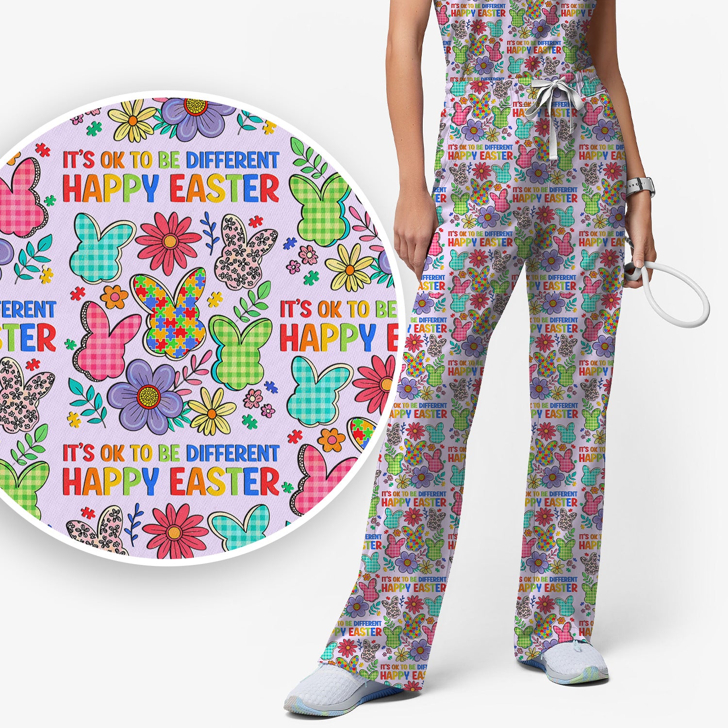 Happy Easter Bunny Floral Print Scrub Set, Breathable Med Uniform