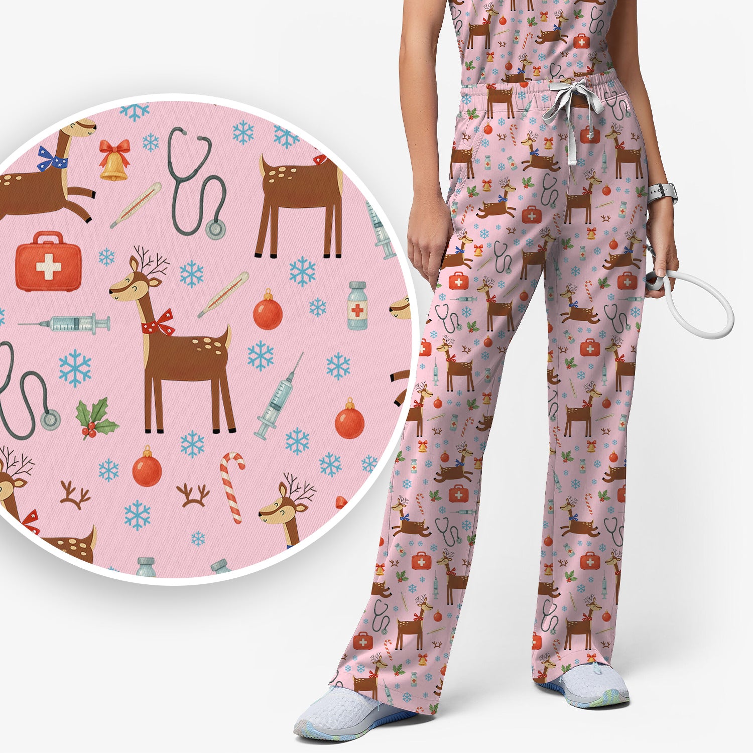 Reindeer Christmas Scrub Set - Snowflakes Candy Canes Holiday Scrubs Pants and V Neck Top - Xmas Gift for Women RN CNA LPN