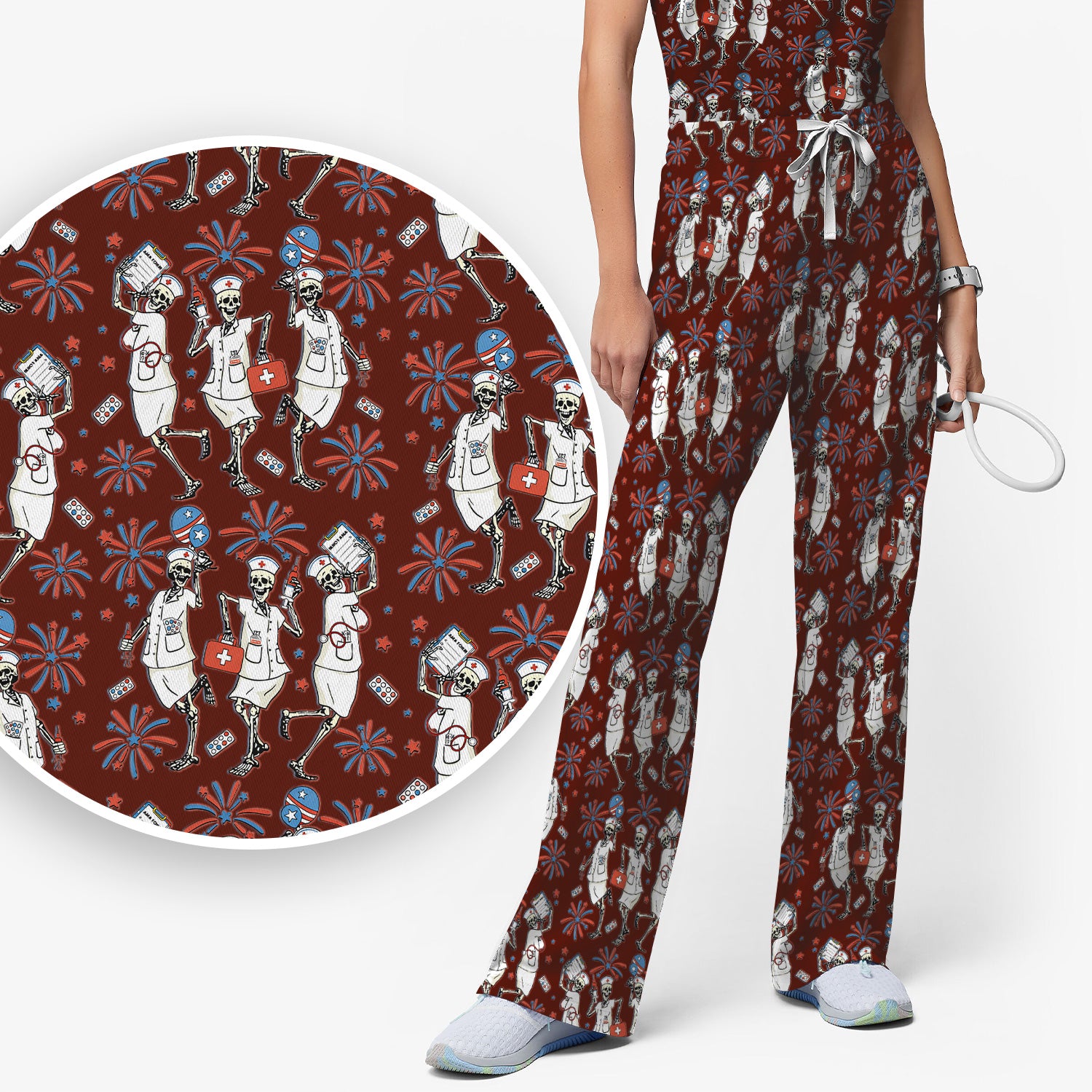 Funny Skeleton Nurse Patriotic Print Scrub Set, Scrub Pants and V Neck Top