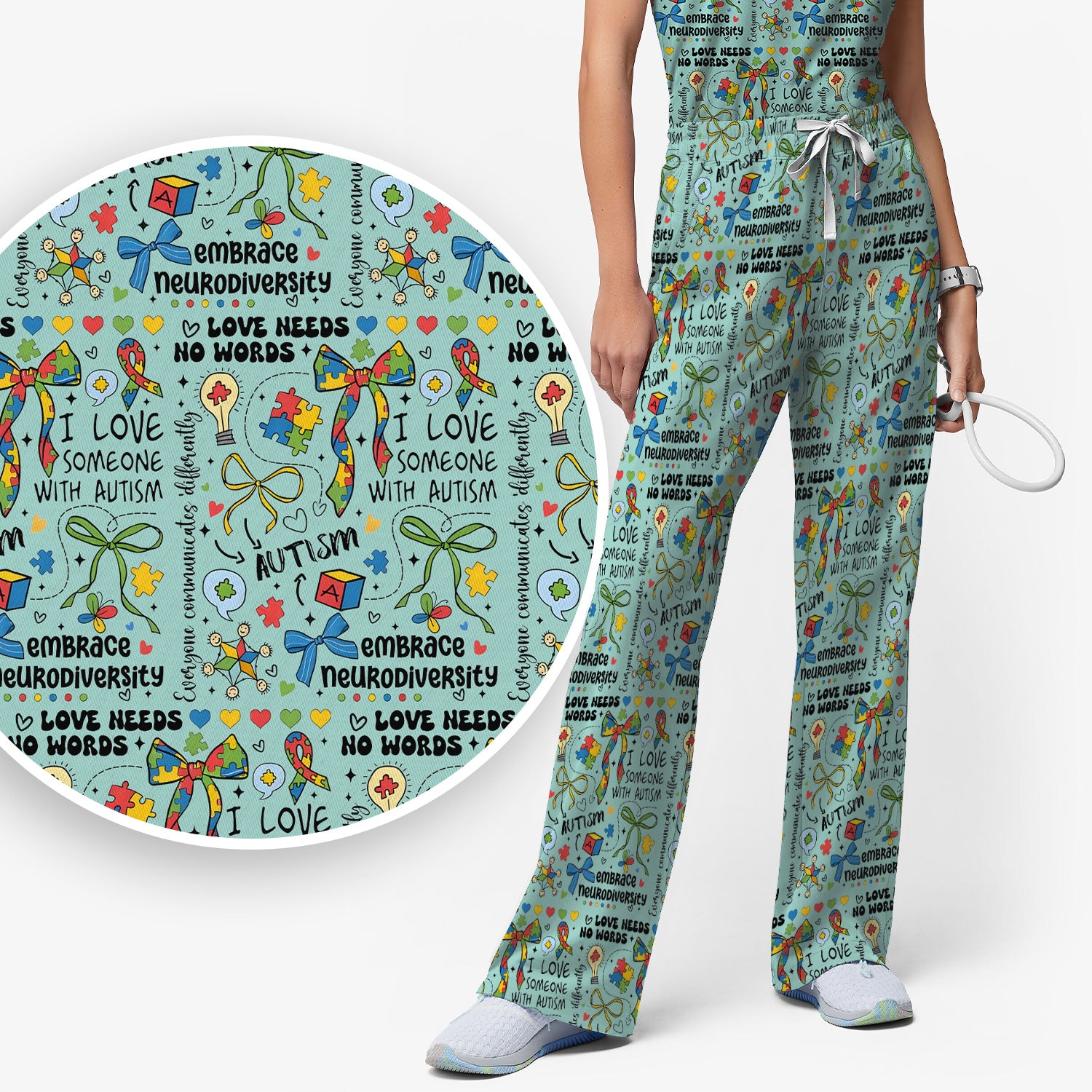 Autism Awareness Puzzle Ribbon Pattern Scrub Set, Scrub Pants and V Neck Top