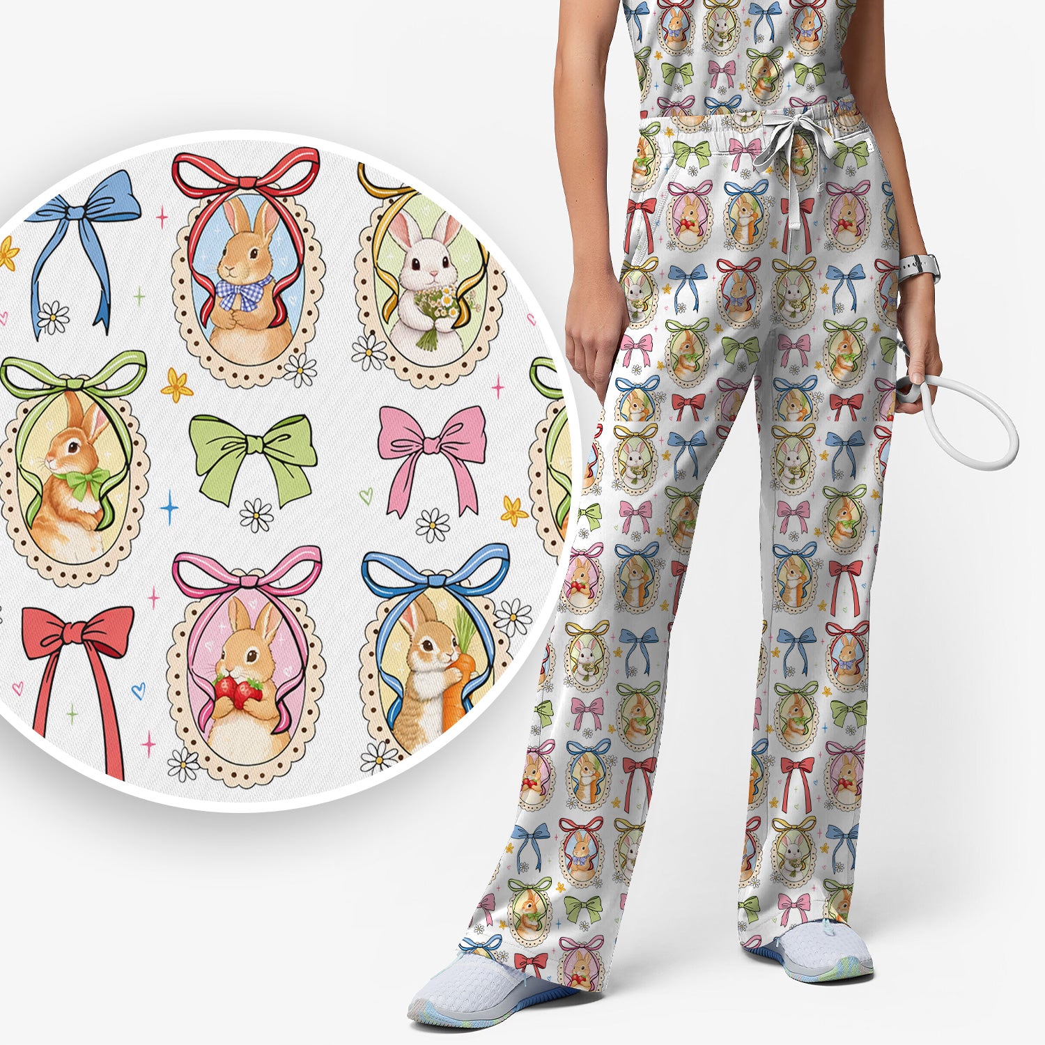 Cute Easter Bunny Cameo Colorful Bow Pattern Scrub Set, Breathable Med Uniform