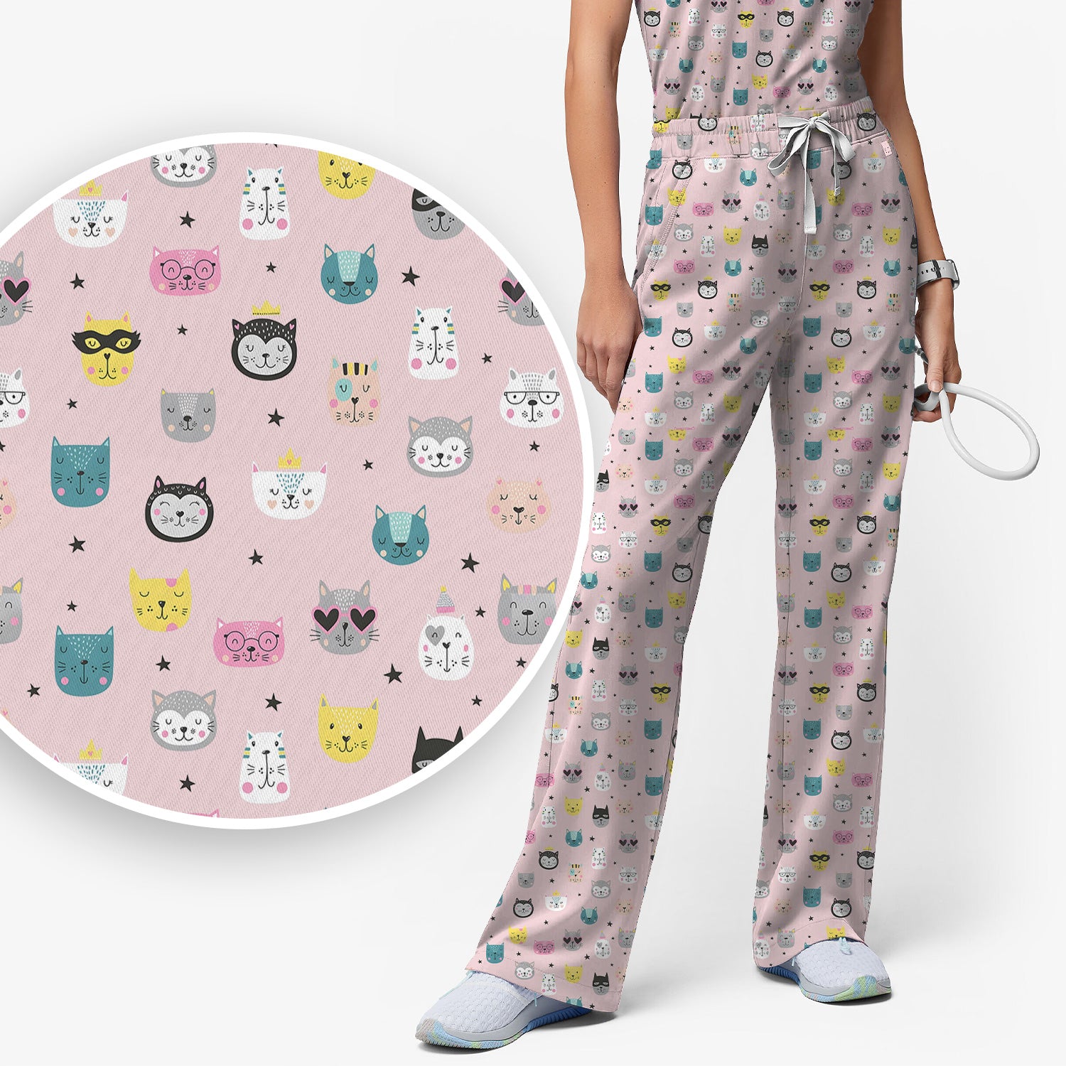 Cute Colorful Cat Pattern Women's Scrub Sets, Breathable Med Uniform