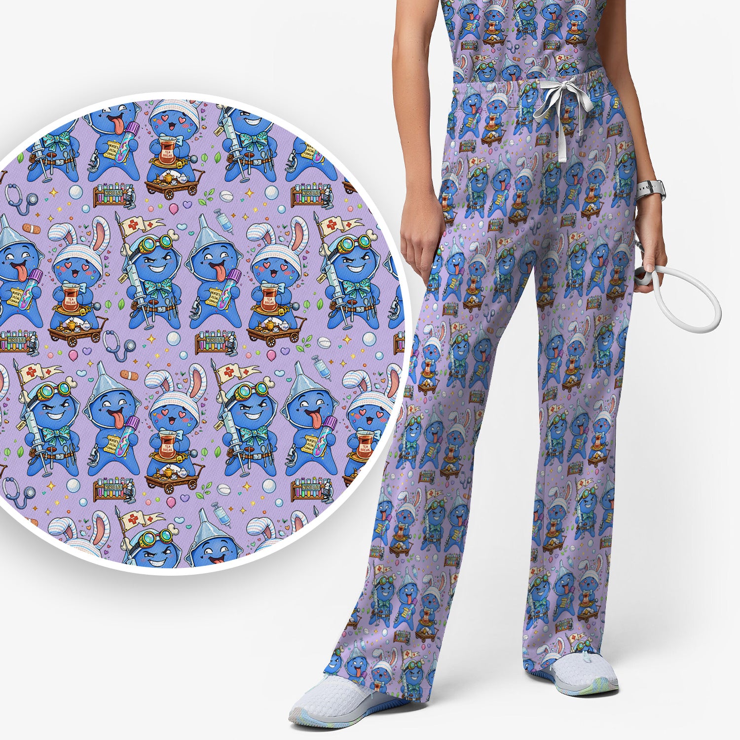 Cute Glove Doll Hospital Medical Cartoon Nurse Pattern Scrub Set, Women's Scrub Sets