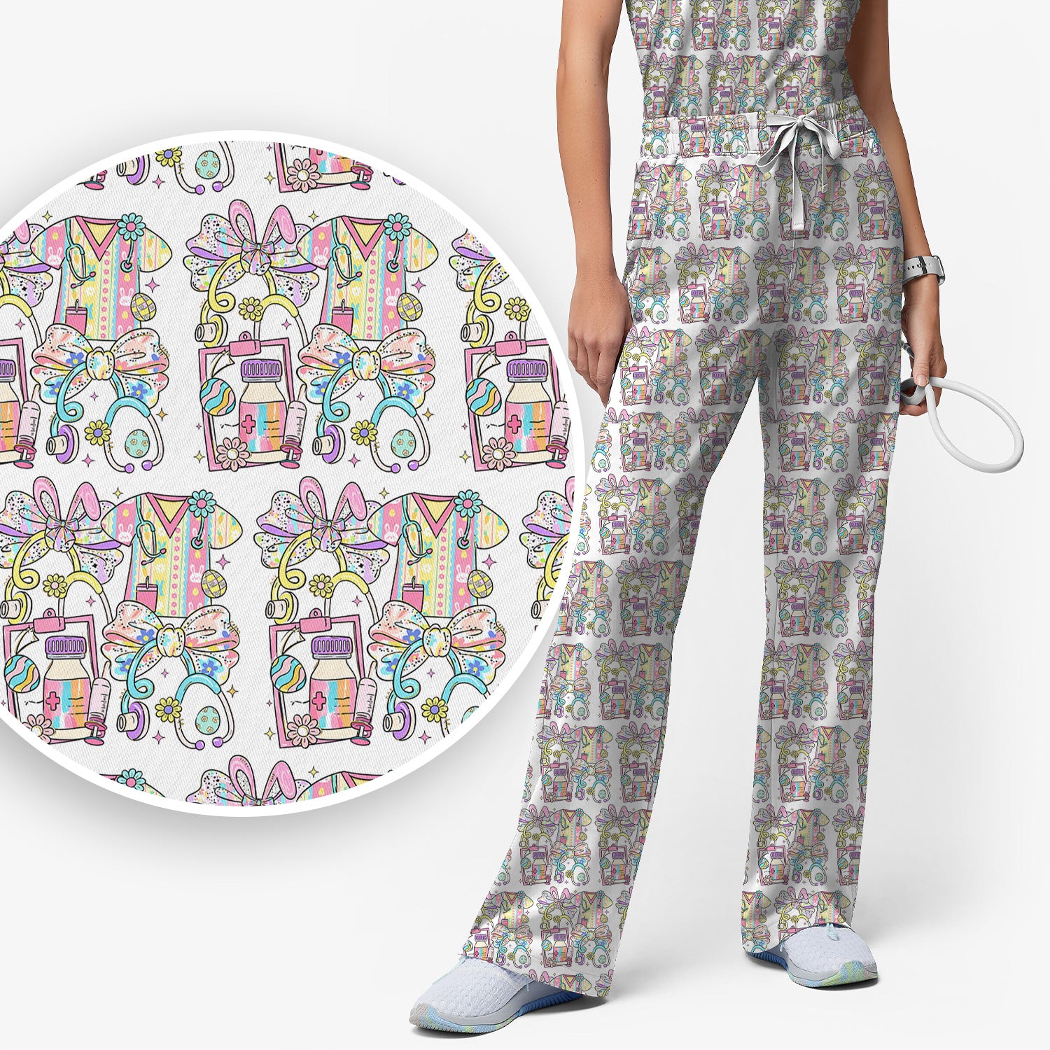 Colorful Nurse Scrub Supplies Pattern Scrub Set, Scrub Pants and V Neck Top