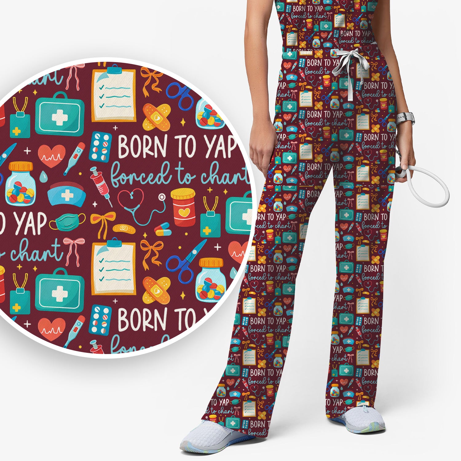 Born To Yap Medical Tools Pattern Scrub Set, Scrub Pants and V Neck Top