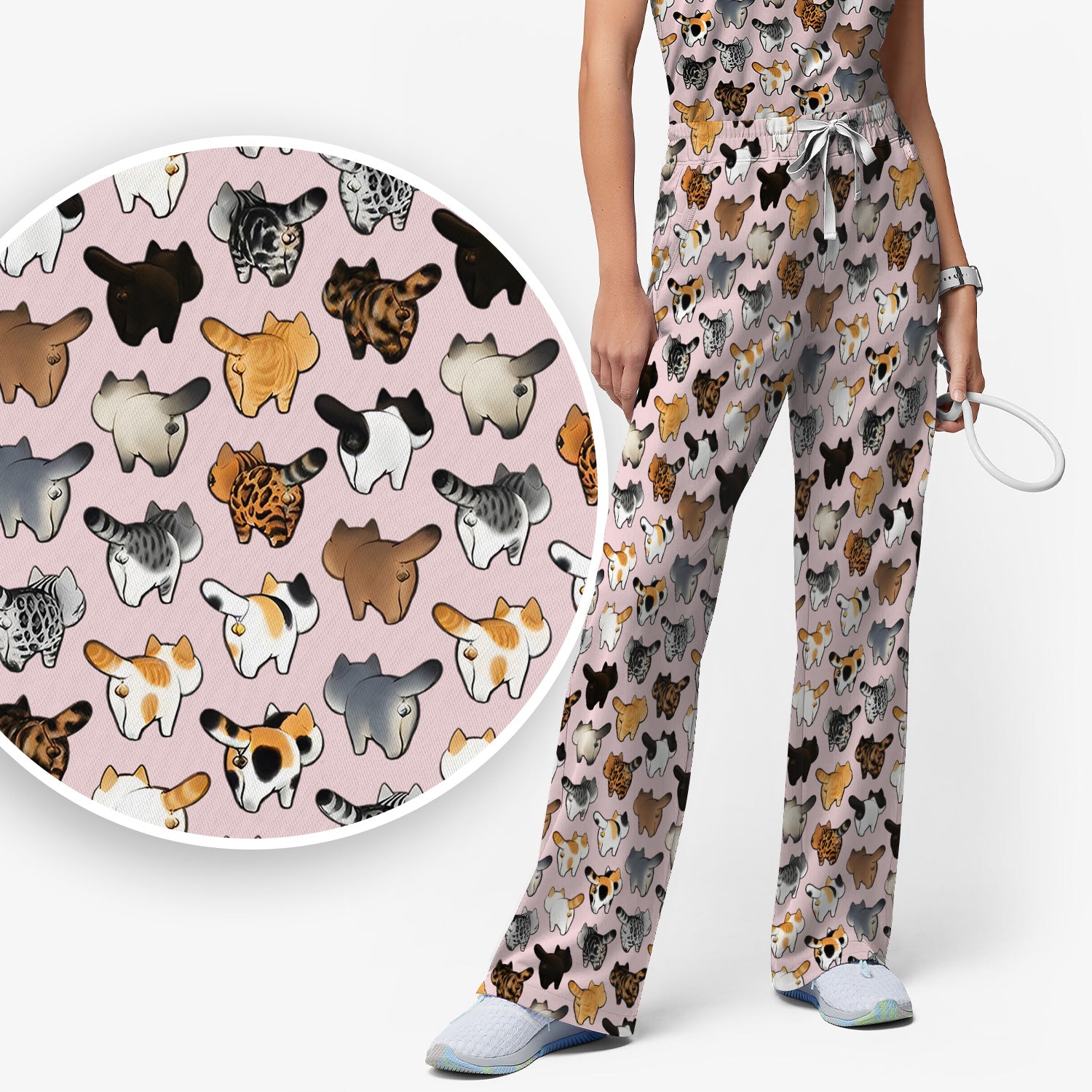 Cat Butt Pattern Medical Scrub Set, Breathable Fabrics Nursing Uniform