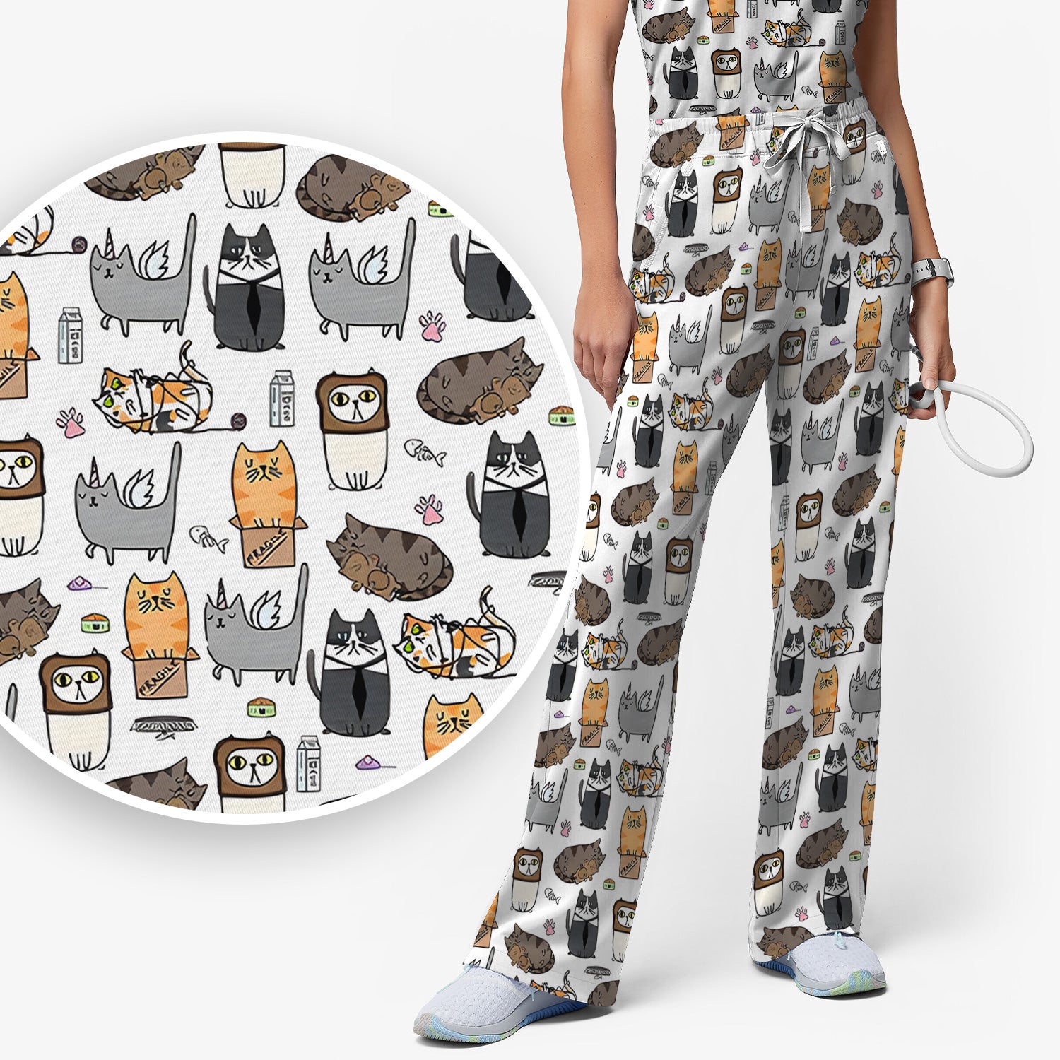 Lazy Cat Doodle Pattern Scrub Set, All Over Cozy Kitty Nursing Uniform for Women