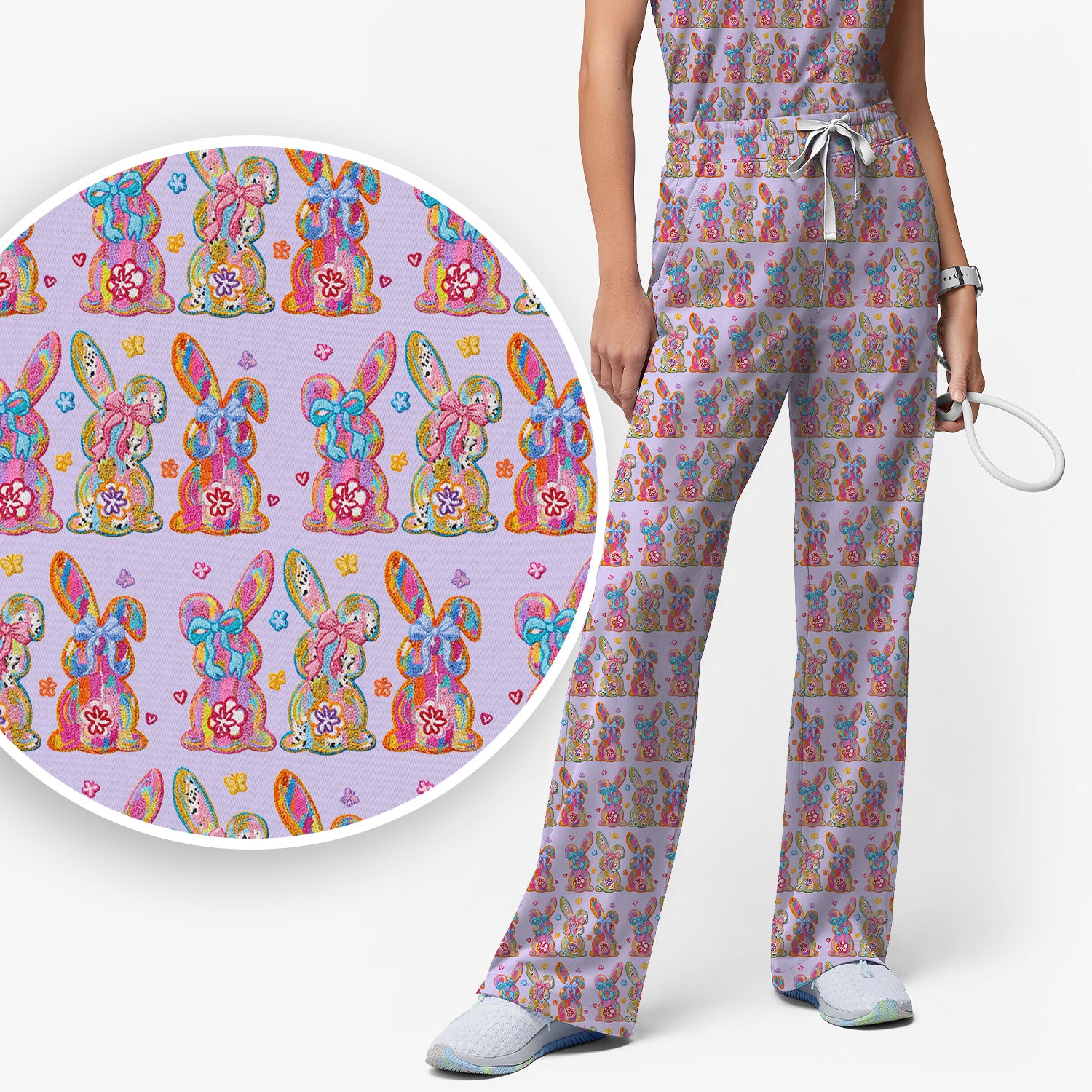 Cute Pastel Bunny Floral Pattern Scrub Set, Breathable Med Uniform