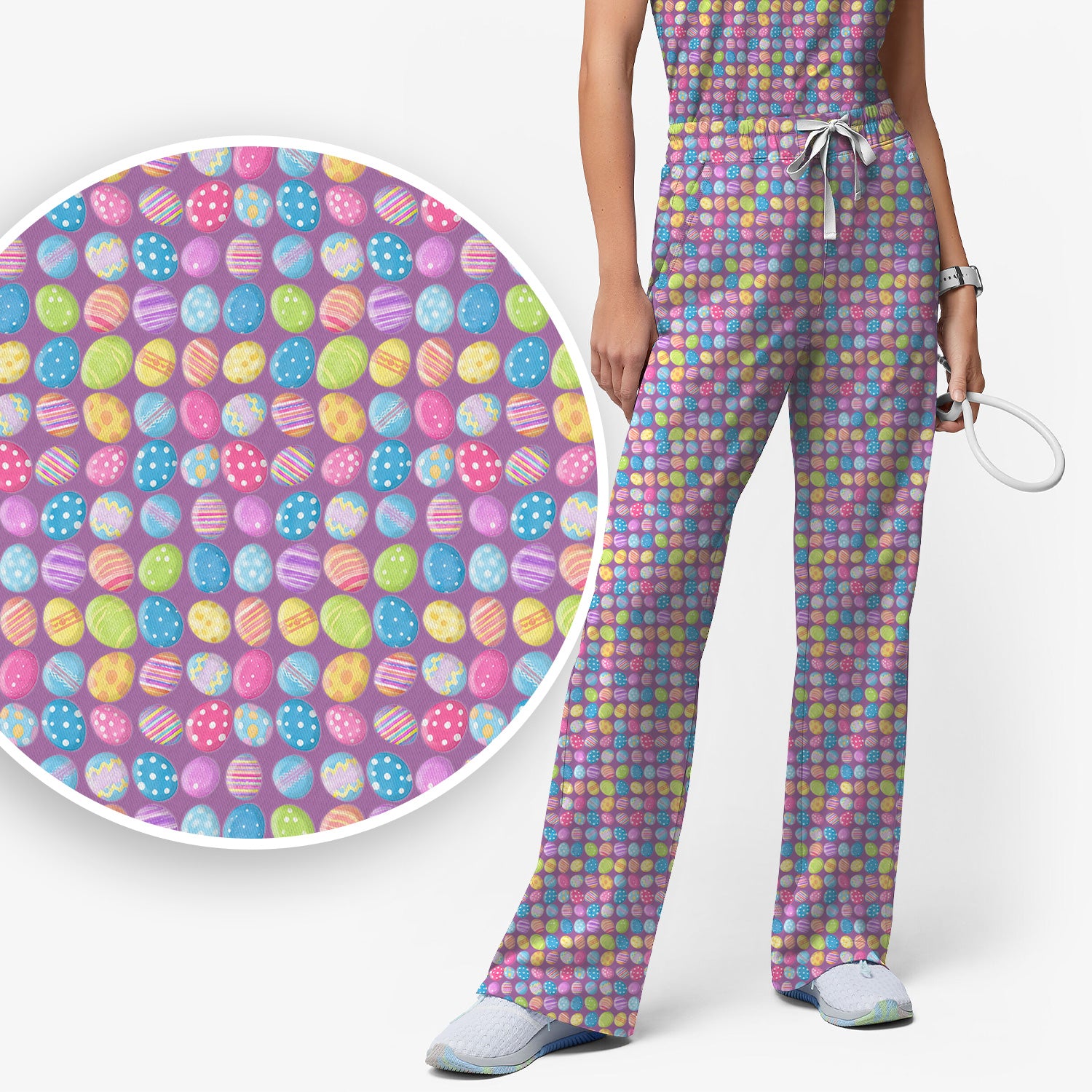 Colorful Easter Eggs Pattern Scrub Set, Scrub Pants and V Neck Top