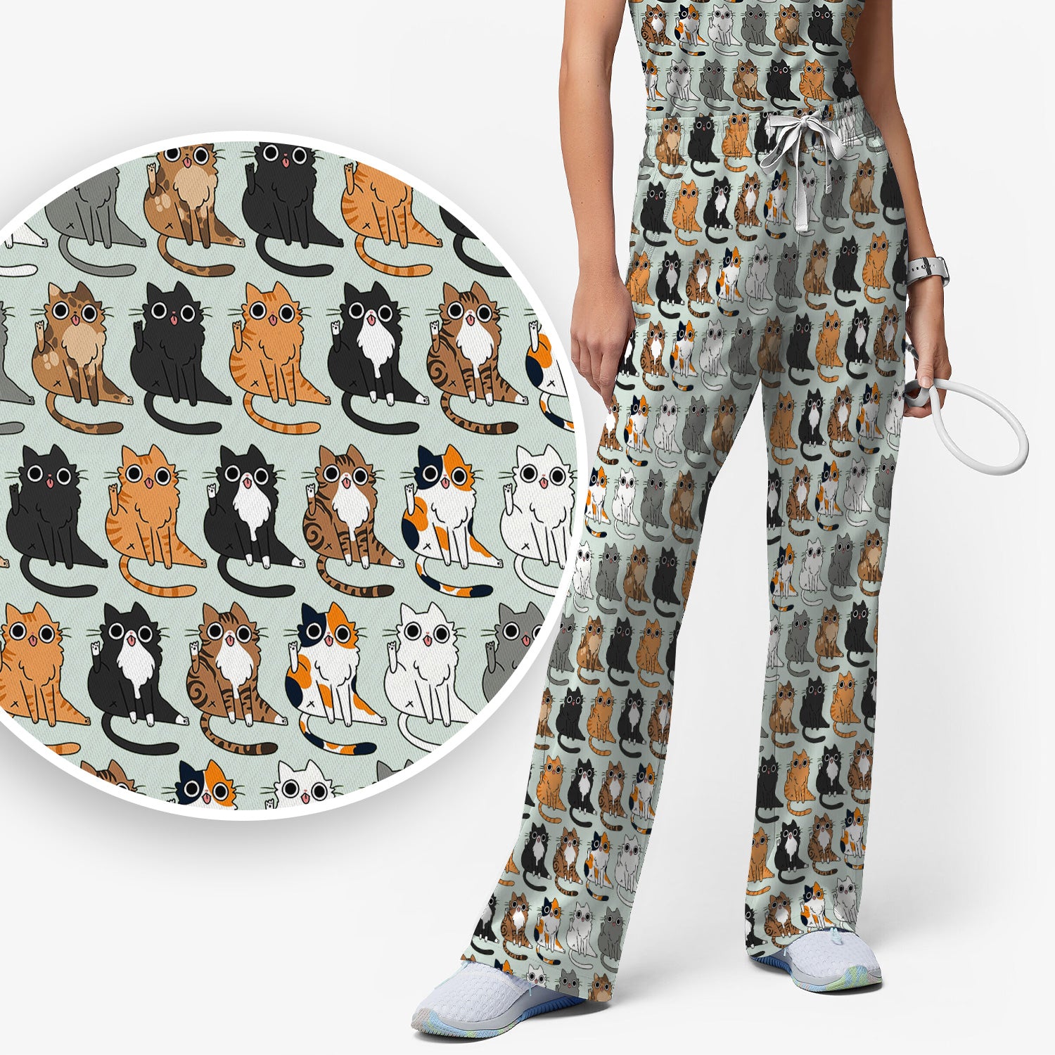 Cute Cartoon Cat Pattern Women's Scrub Set, Scrub Pants and V Neck Top