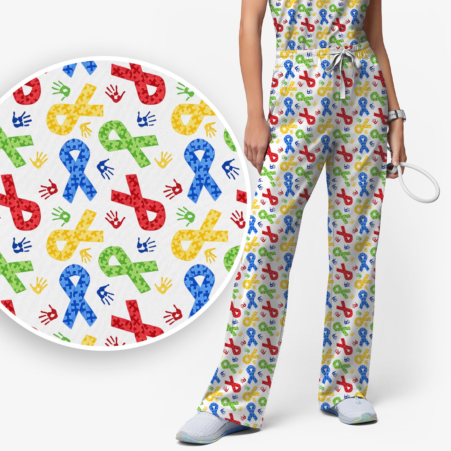 Multicolor Ribbon Pattern Print Scrub Set, Scrub Pants and V Neck Top