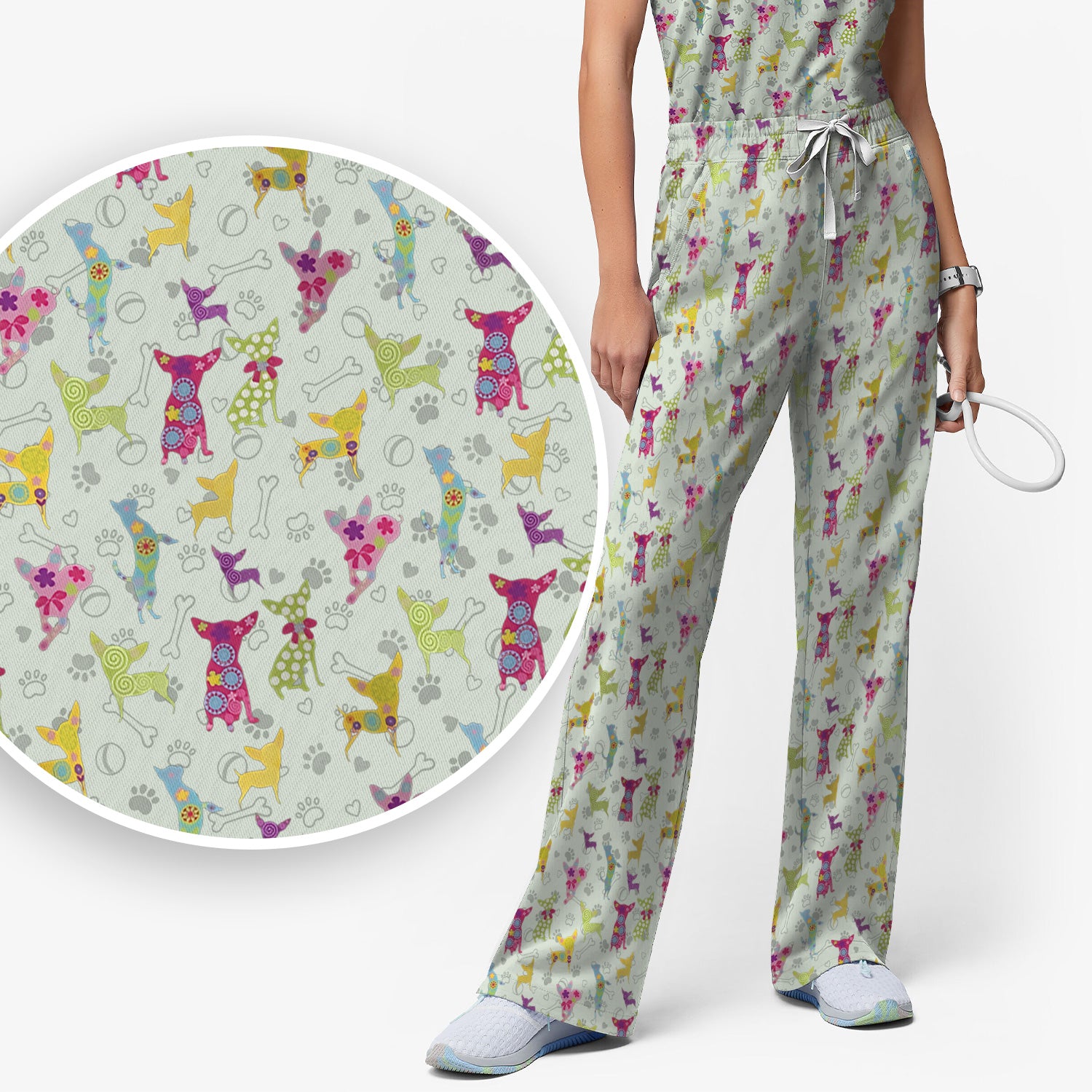 Colorful Playful Dog Print Nurse Scrub Set, Scrub Pants and V Neck Top