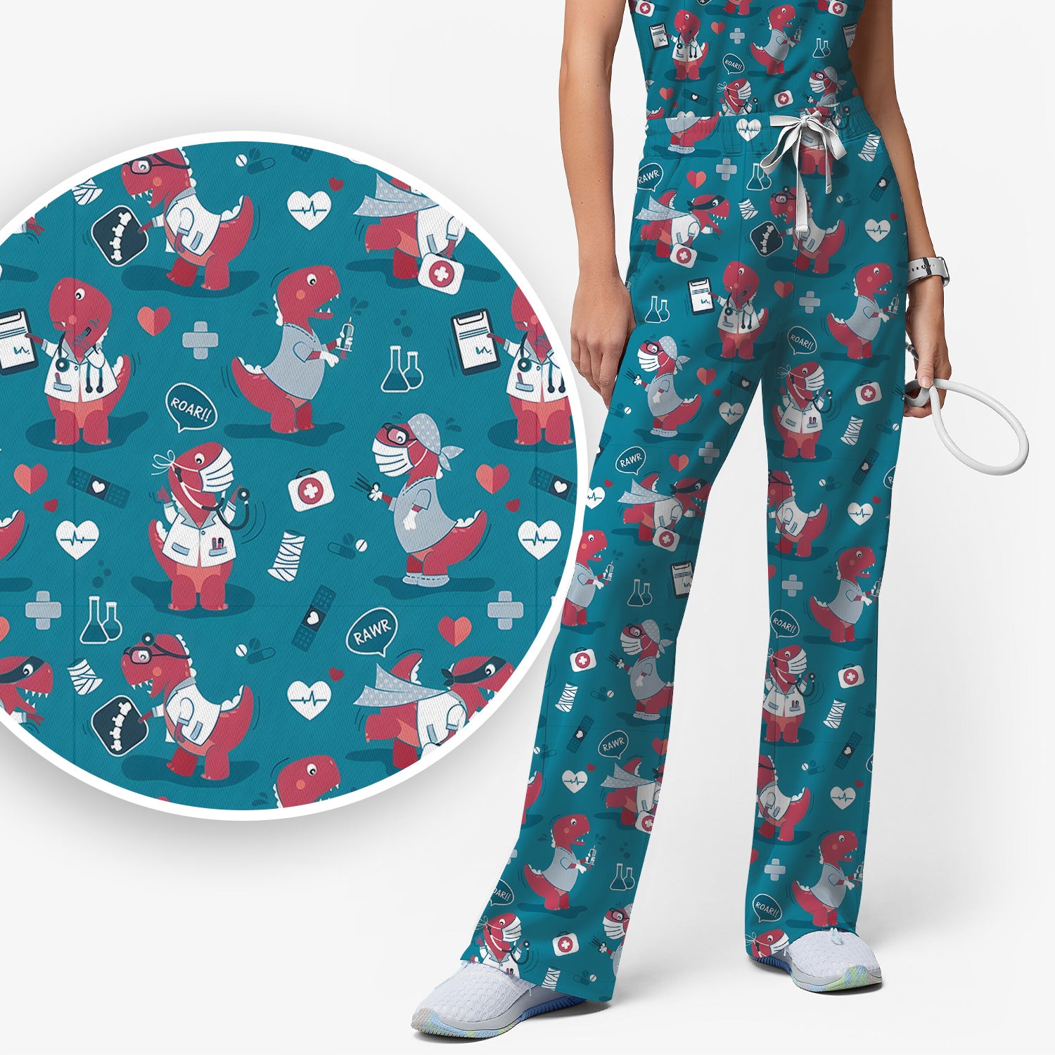 Cute Dinosaur Doctor Medical Pattern Scrub Set, Women's Scrub Sets