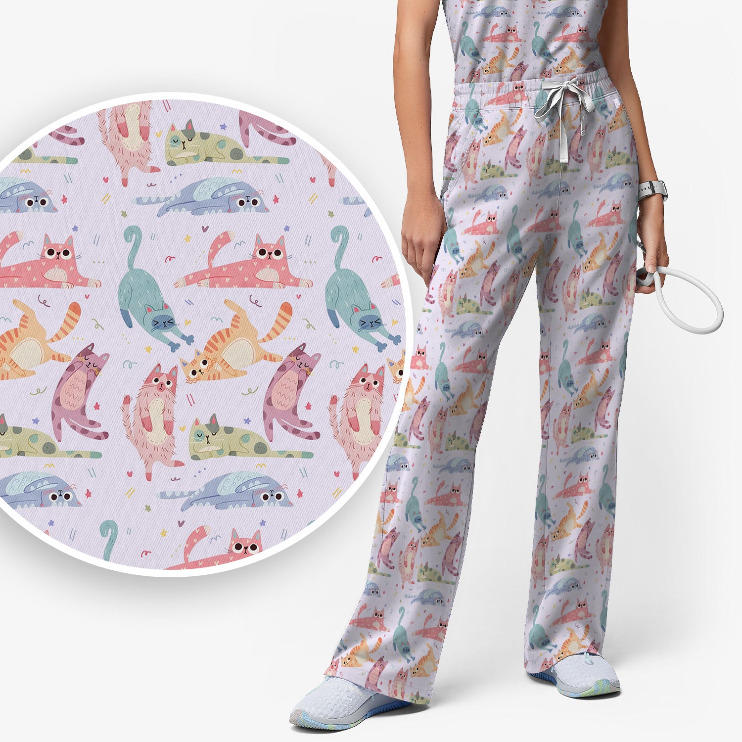 Funny Pastel Cat Pattern Medical Scrub Set, Breathable Fabrics Nursing Uniform