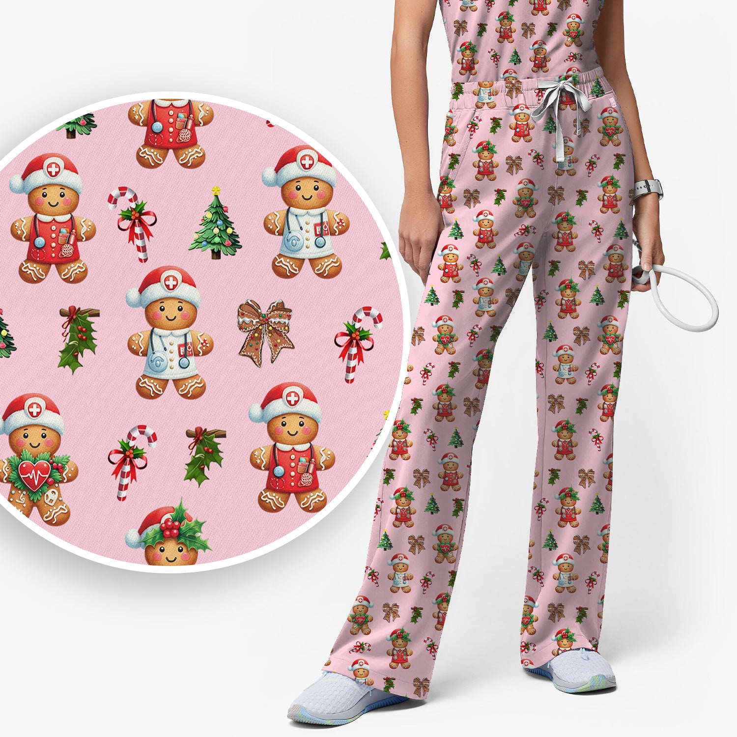 Funny Gingerbread Christmas Scrub Set - Cute Cookie with Bow Scrubs Pants and V Neck Top - Festive Holiday Gift for Women