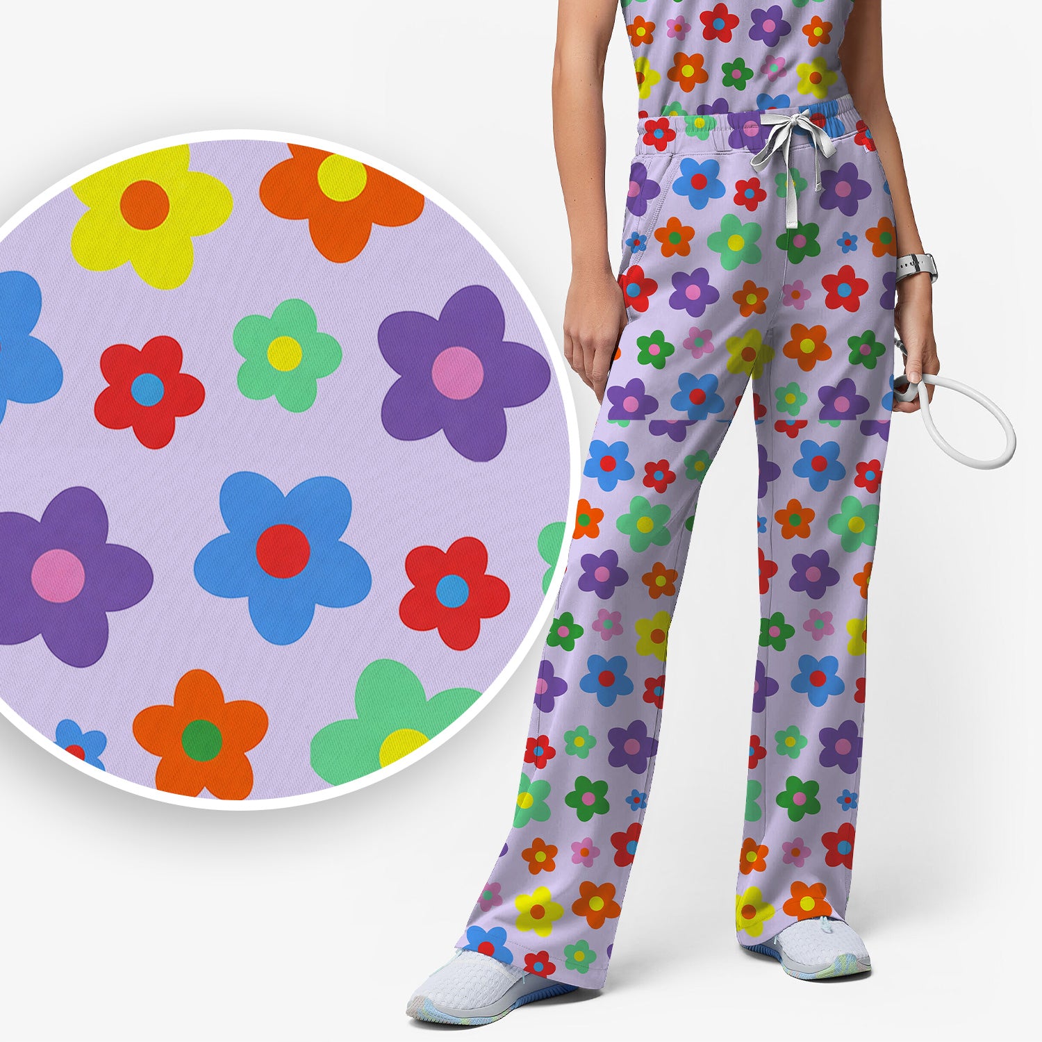 Colorful Retro Flower Pattern Print Scrub Set, Scrub Pants and V Neck Top