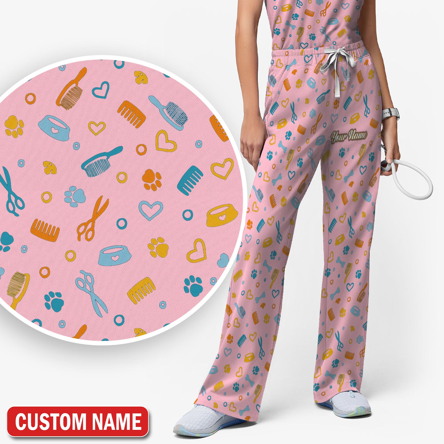 Custom Name Dog Cat Grooming Pattern Scrub Set, Scrub Pants and V Neck Top