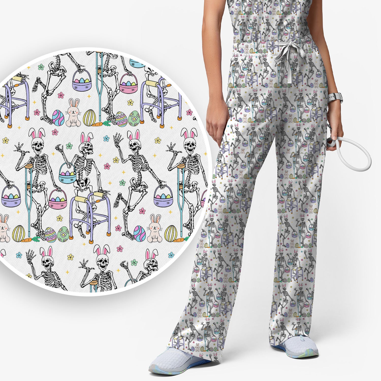 Fun Skeleton Bunny Easter Print Scrub Set, Scrub Pants and V Neck Top