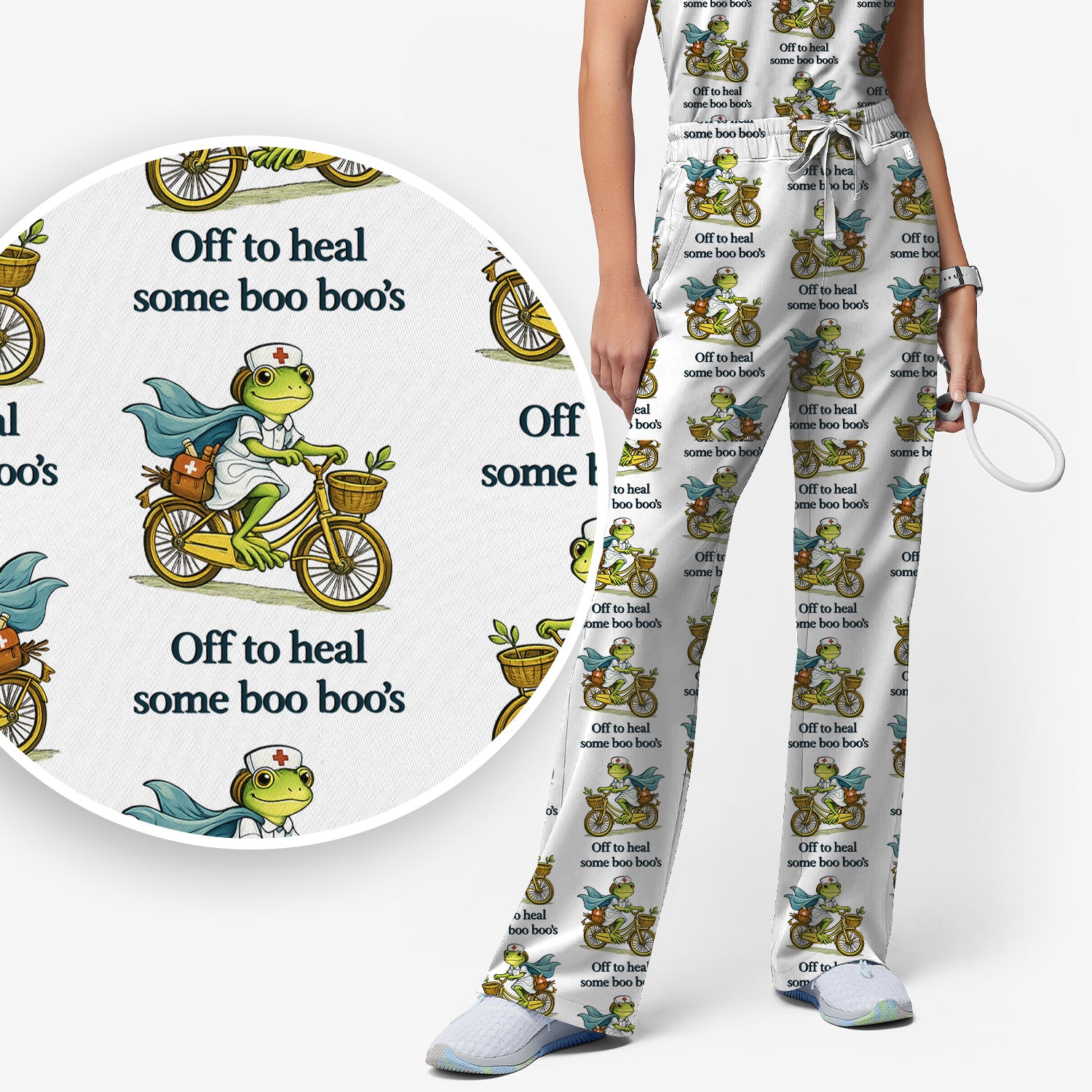 Funny Frog Nurse Cycling Pattern Scrub Set, Scrubs Pants and V Neck Top