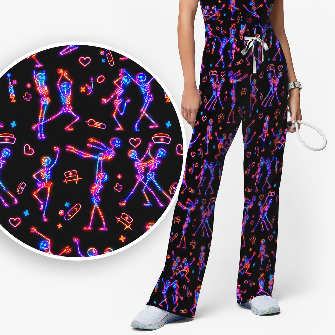Neon Dancing Skeleton Medical Pattern Set, Scrub Pants and V Neck Top