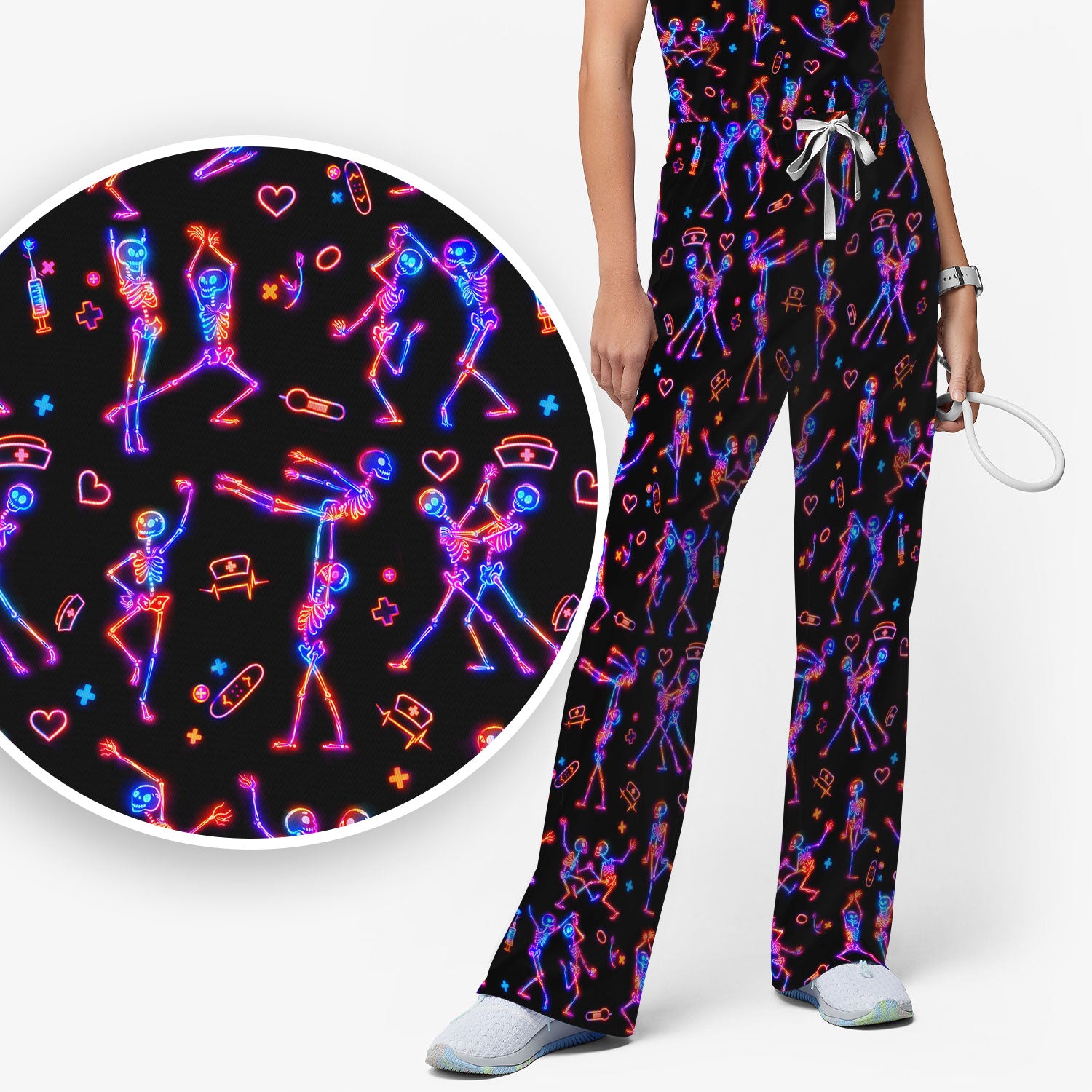 Neon Dancing Skeleton Medical Pattern Set, Scrub Pants and V Neck Top