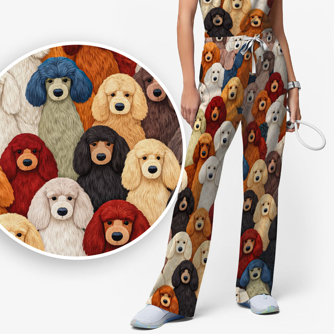Multicolor Poodle Dog Pattern Scrub Set, Scrub Pants and V Neck Top