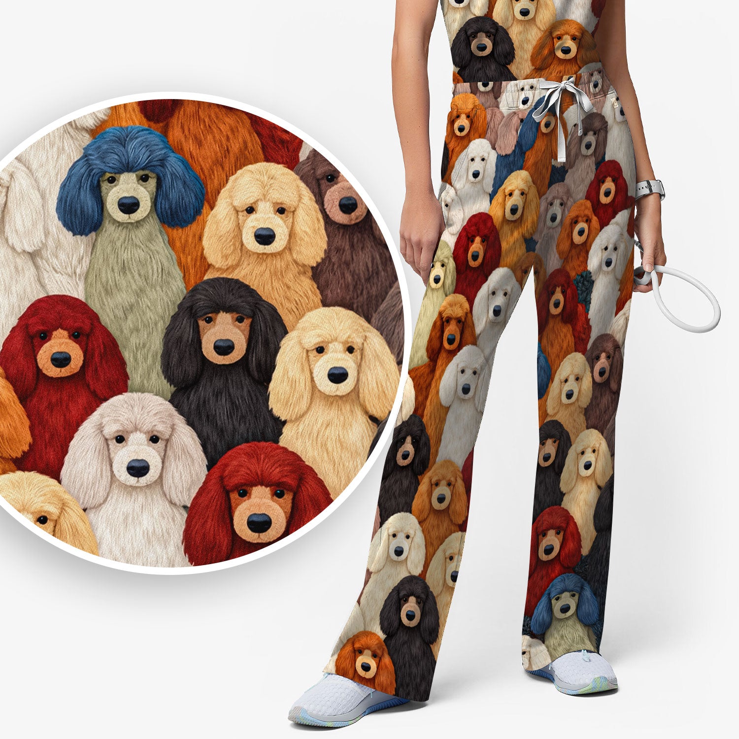 Multicolor Poodle Dog Pattern Scrub Set, Scrub Pants and V Neck Top