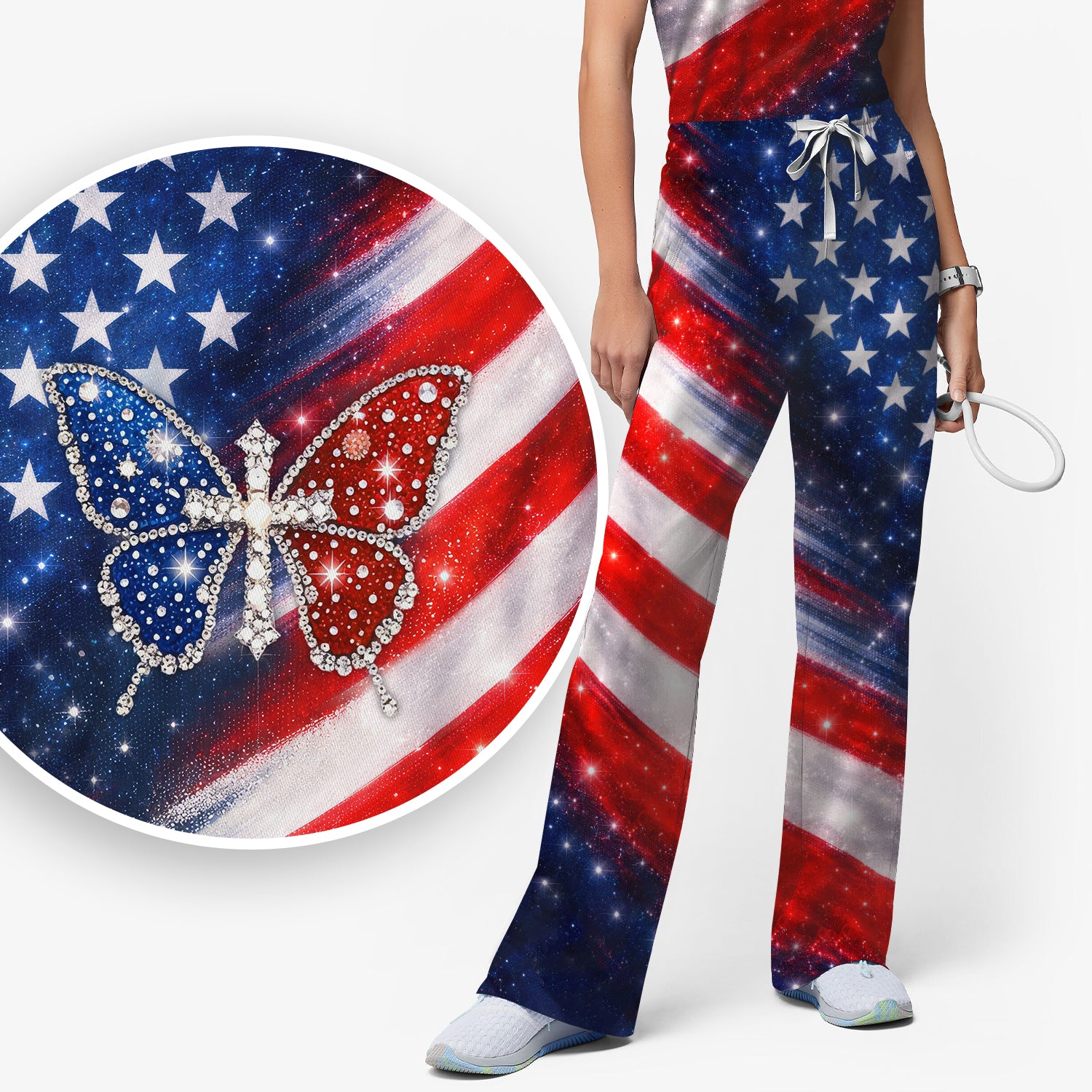 USA Flag Glitter Butterfly Rhinestone Pattern Scrub Sets, Breathable Med Uniform