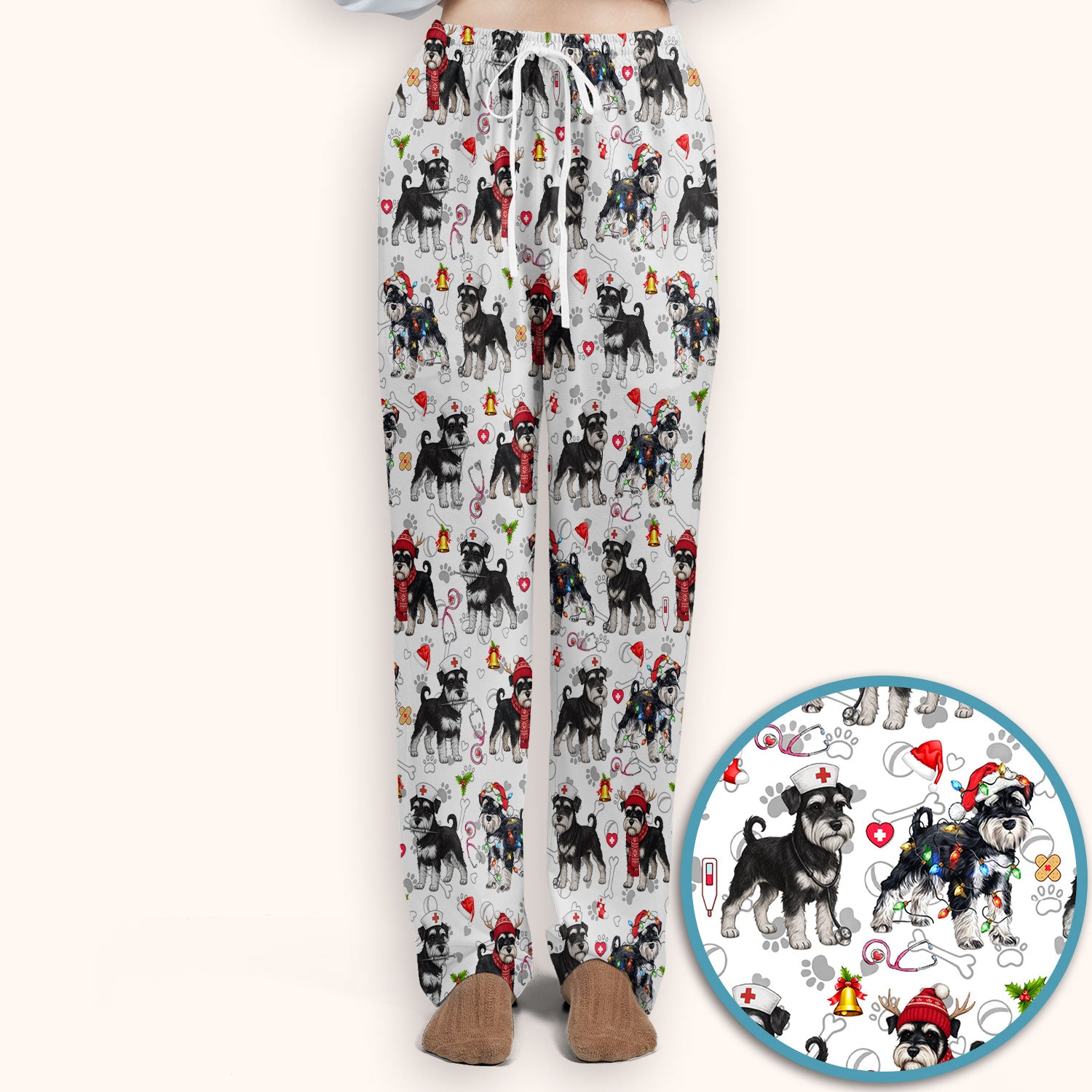 Christmas Schnauzer Scrub Set for Nurses - Cute Dog Holiday Scrubs Pants and V Neck Top - Funny Santa Nursing Medical Shirt for Women