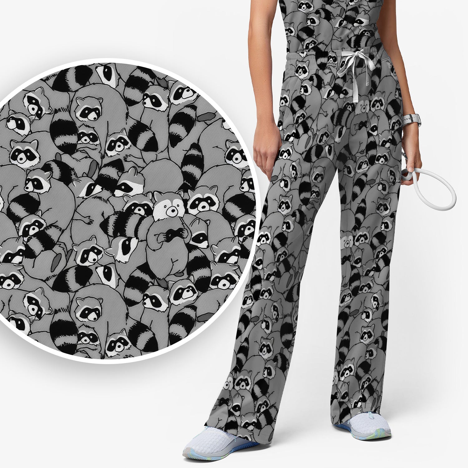 Cute Nurse Raccoon Crowd Pattern Scrub Set, Scrub Pants and V Neck Top