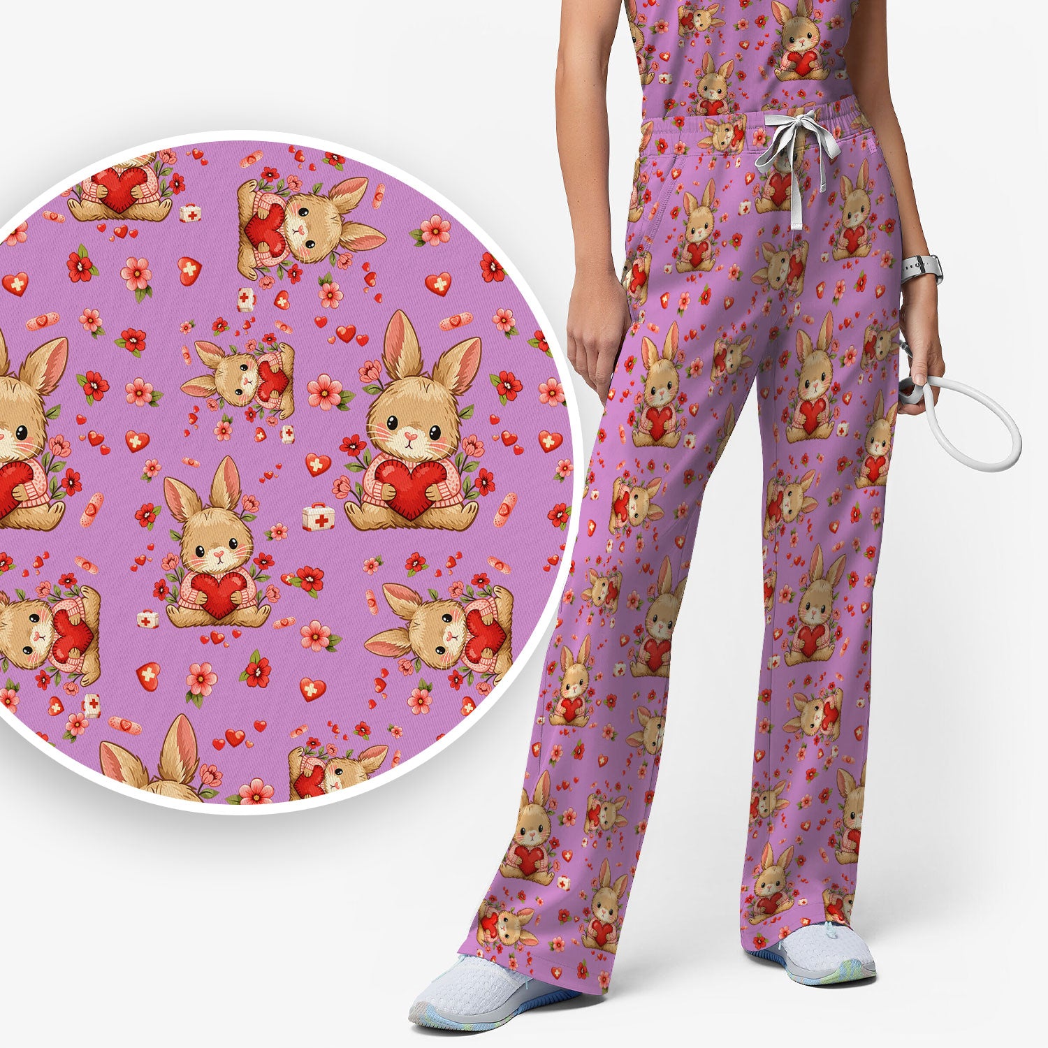Adorable Bunny Heart Healthcare Design Scrub, Breathable Med Uniform