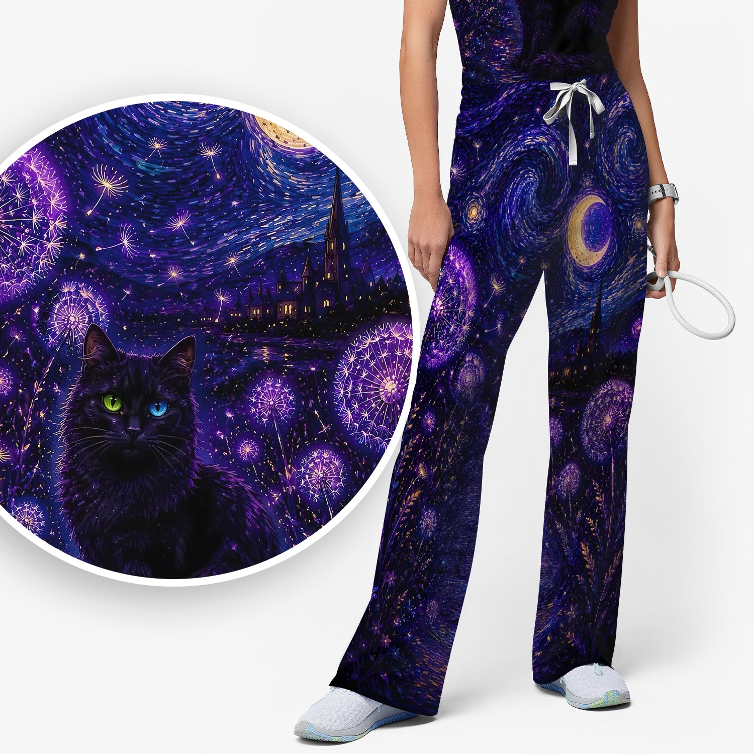 Mystical Black Cat Starry Night Print Scrub Set, Scrub Pants and V Neck Top