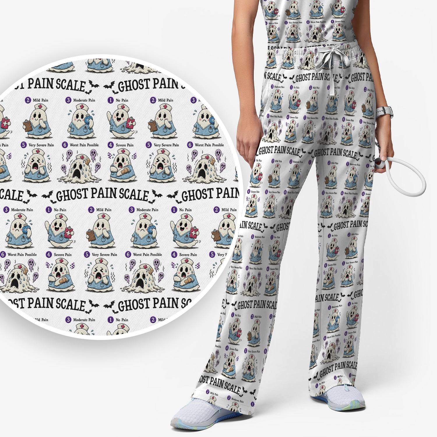 Funny Ghost Pain Scale Pattern Scrub Set, Scrub Pants and V Neck Top