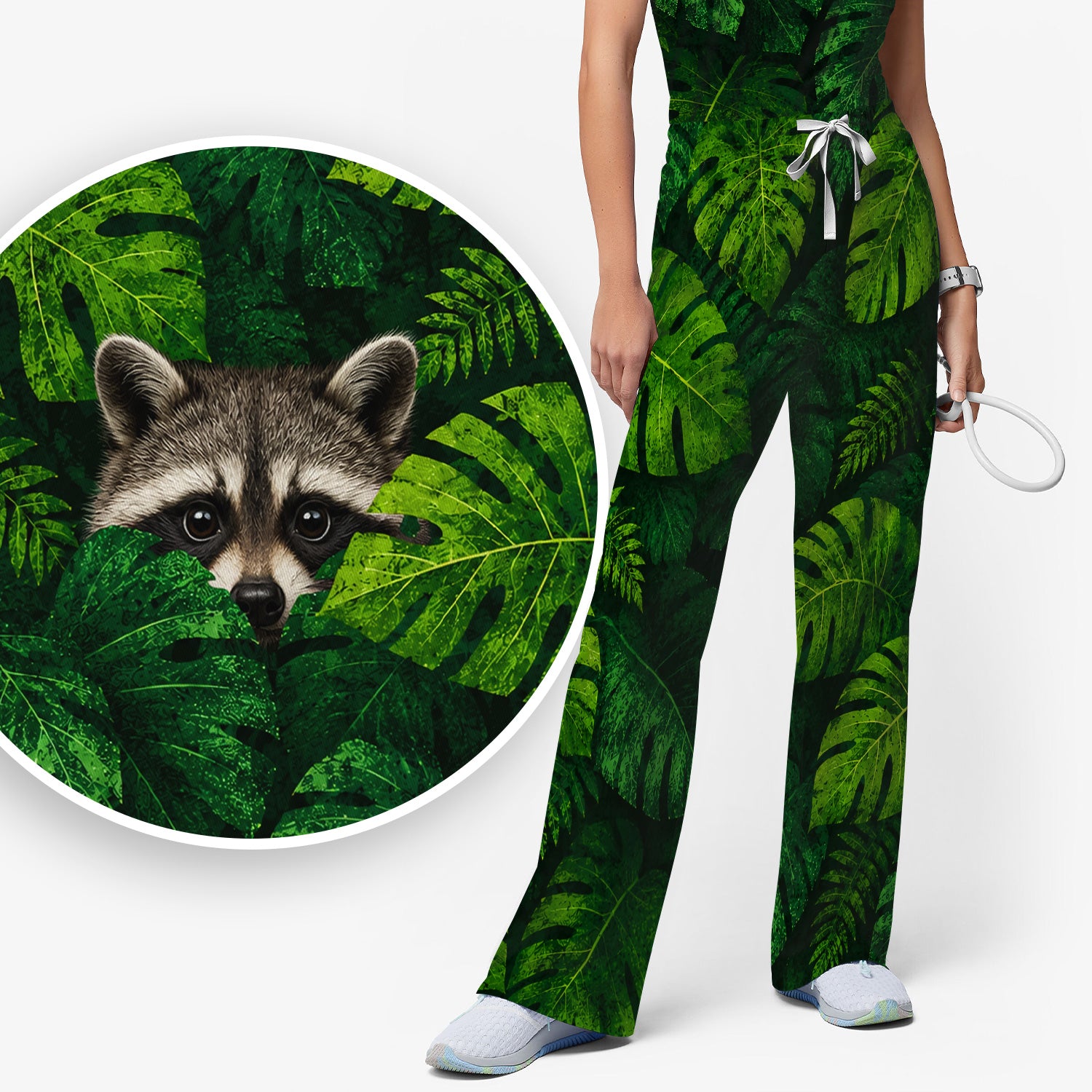 Cute Raccoon Tropical Leaf Pattern Scrub Set, Scrub Pants and V Neck Top