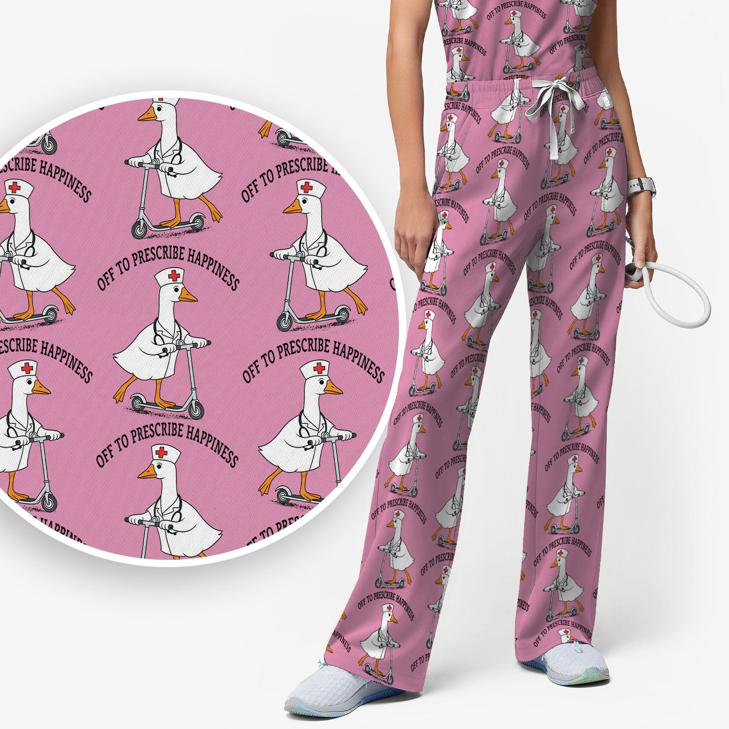 Nurse Goose Scooter Print Scrub Set, Breathable Med Uniform